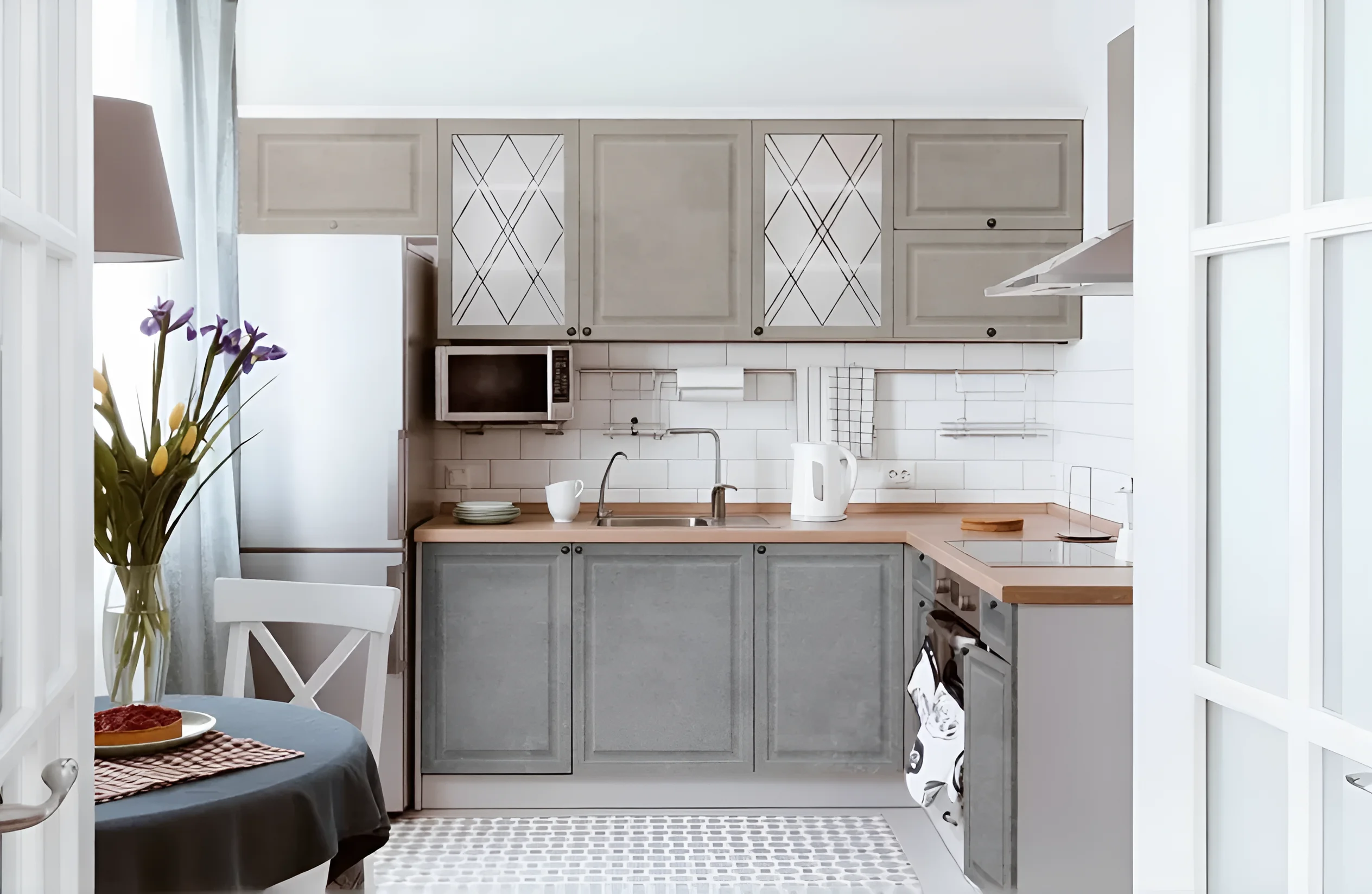 Кухня "Диамант" 2.8х2м в бежево-сером мраморном бетоне: современный дизайн, угловая расстановка, стильный интерьер кухни.