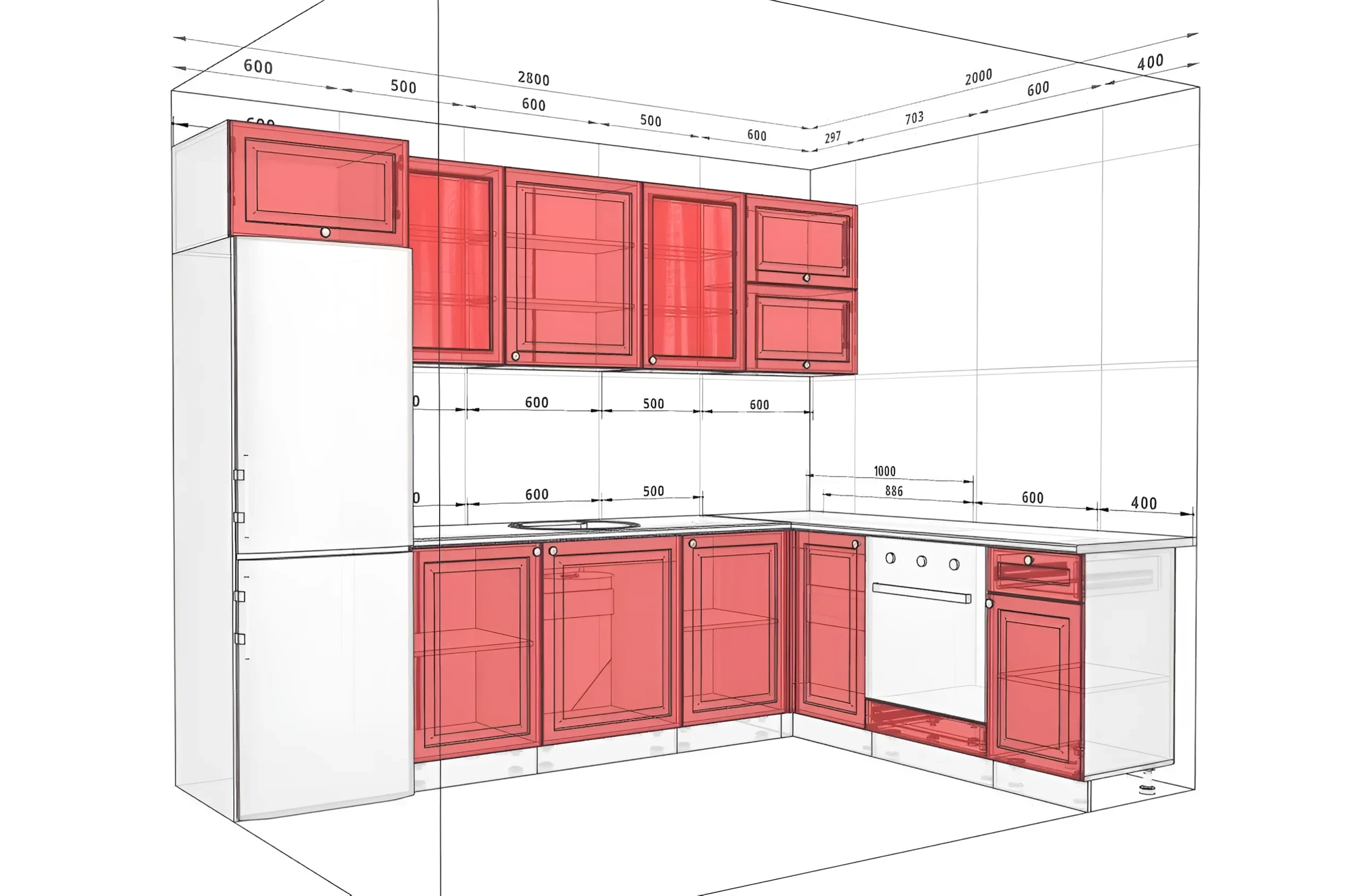 Кухня "Диамант" 2.8х2м в цвете мрамор бетон бежевый и серый: угловой гарнитур с размерами и планировкой для современной кухни.