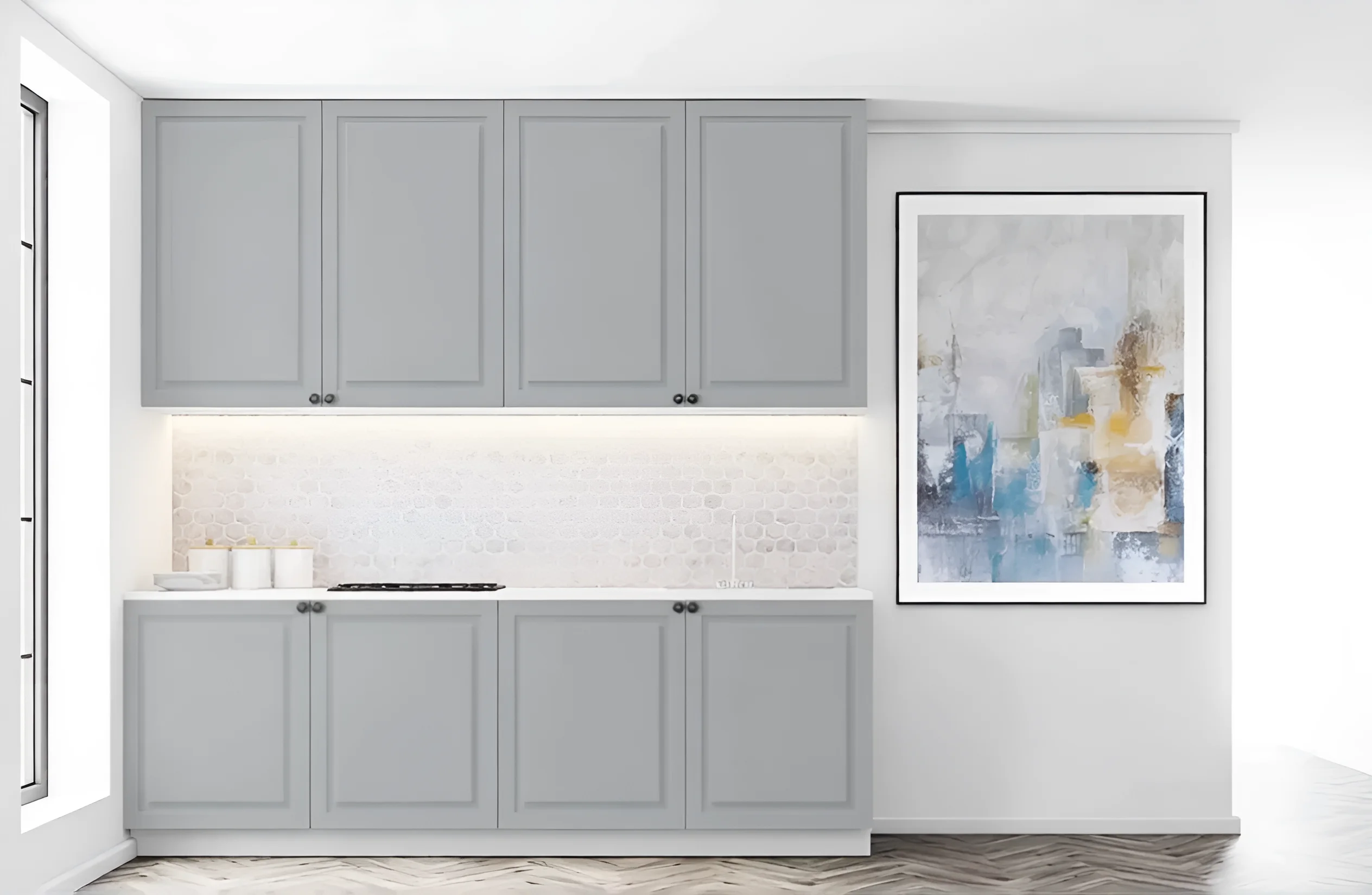 Кухня "Диамант" 4,8м в пепельном цвете: современный дизайн, угловая кухня с белой столешницей и подсветкой, фото интерьера.