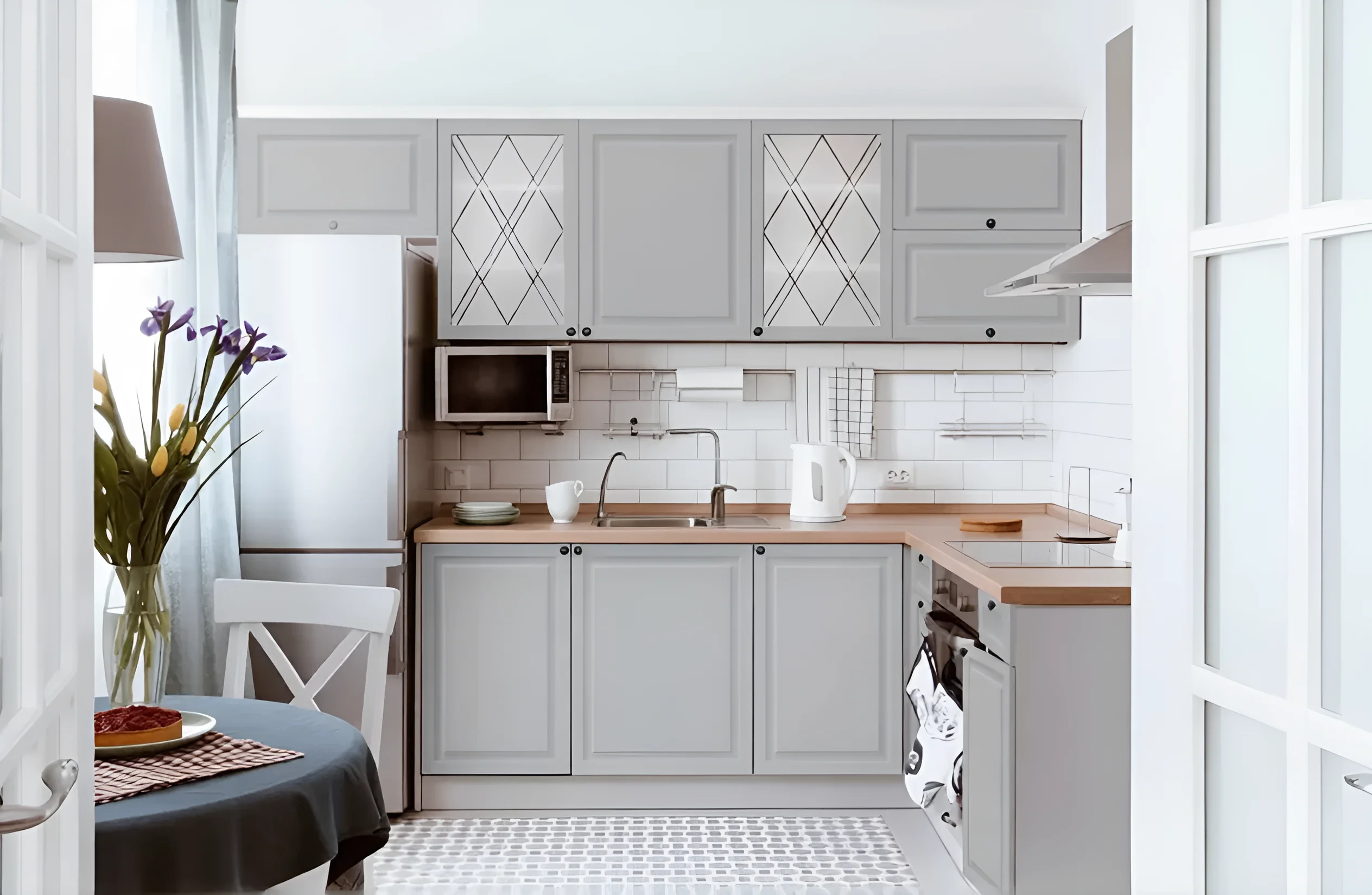 Кухня "Диамант" 4,8м в пепельном цвете: угловой гарнитур с белой техникой и светлым интерьером, фото реального интерьера.