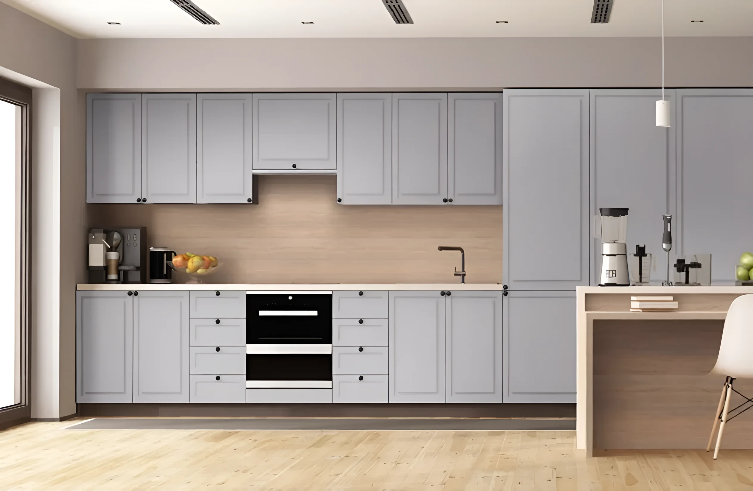 Кухня "Диамант" 4,8м в пепельном цвете: современный дизайн, функциональность и элегантность для вашего дома. Фото интерьера кухни.