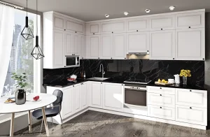 Белая кухня "Диамант" 3.6м с островом, выполненная в сочетании белого цвета и дуба золотого, современный дизайн интерьера кухни.