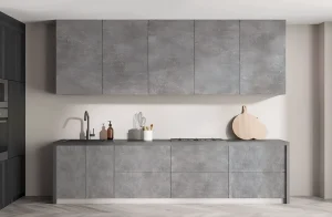 Угловая кухня "Эко" 360х280 см в цвете бетон светлый и дуб золотой, современный дизайн, функциональная планировка, фото интерьера.