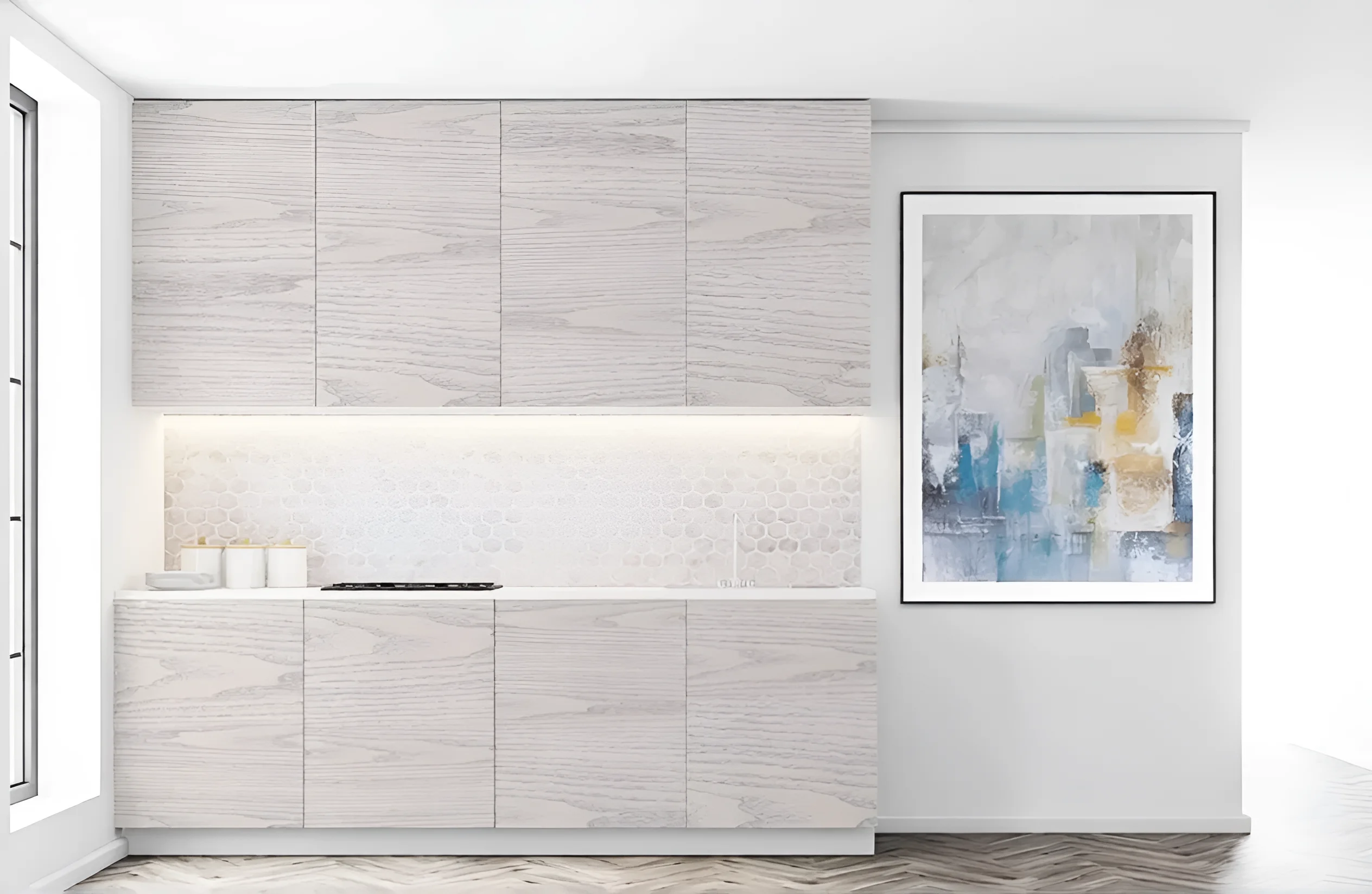 Кухня Эко 3х2.6 метра, прямая П-образная, цвет дуб беленый и дуб аппалачи, современный дизайн, светлая кухня, MebelTops.