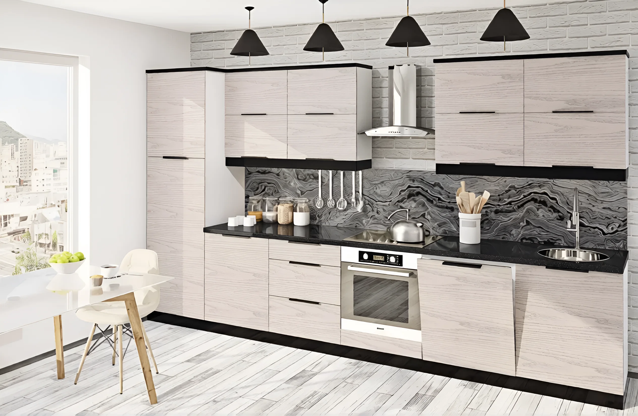 Кухня Эко 3х2.6 метра, прямая П-образная, цвет дуб беленый и дуб аппалачи, современный дизайн, фото интерьера кухни.