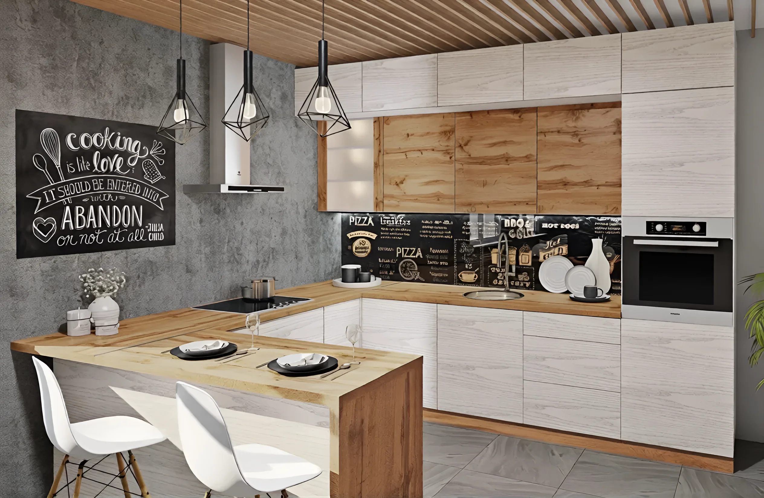 Кухня Эко 3х2.6 метра, прямая П-образная, дуб беленый и дуб аппалачи, современный дизайн, фото интерьера кухни.