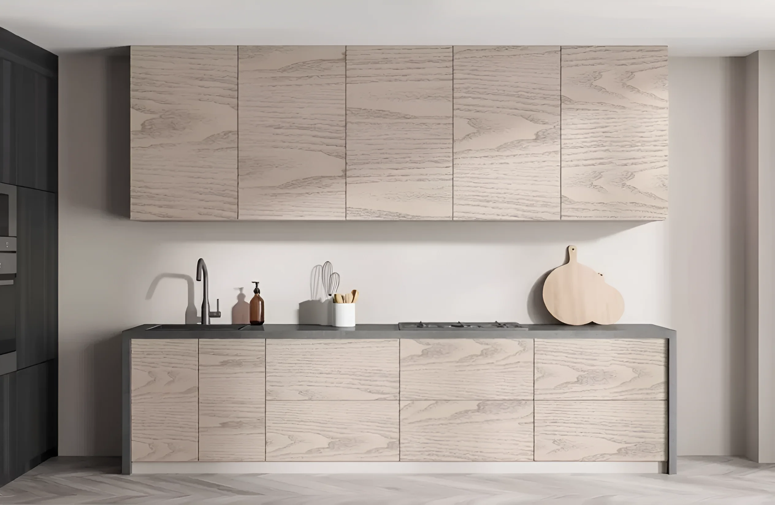 Кухня Эко 3х2.6 метра, прямая П-образная, цвет дуб беленый и дуб аппалачи, современный дизайн, фото интерьера кухни.