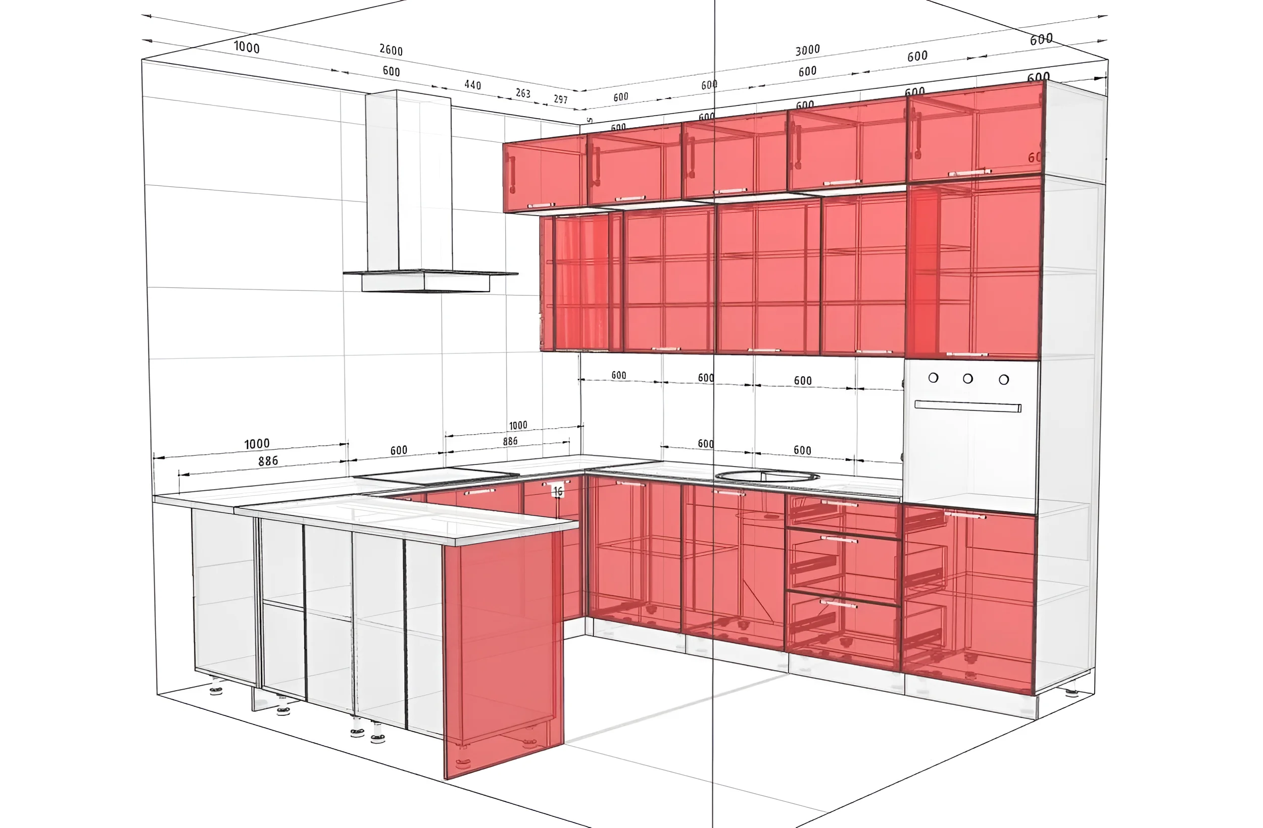 Кухня Эко 3х2.6 метра, прямая П-образная, цвет дуб беленый и дуб аппалачи, современный дизайн, схема расположения мебели.