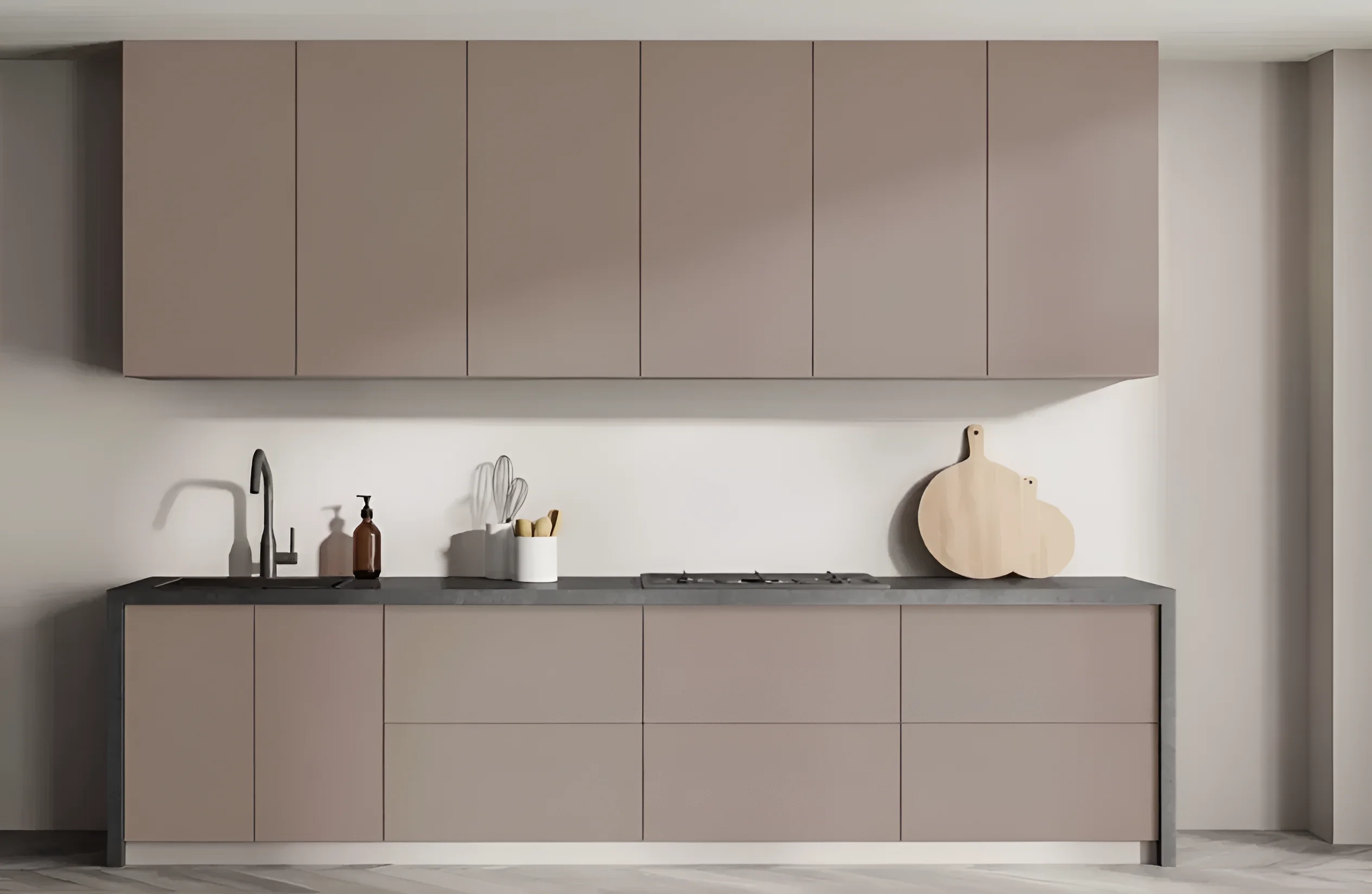 Угловая кухня "Эко" 3,2х2,4м в цветах Ваниль и Шоколад темный, современный дизайн, минималистичный стиль, фото интерьера кухни.