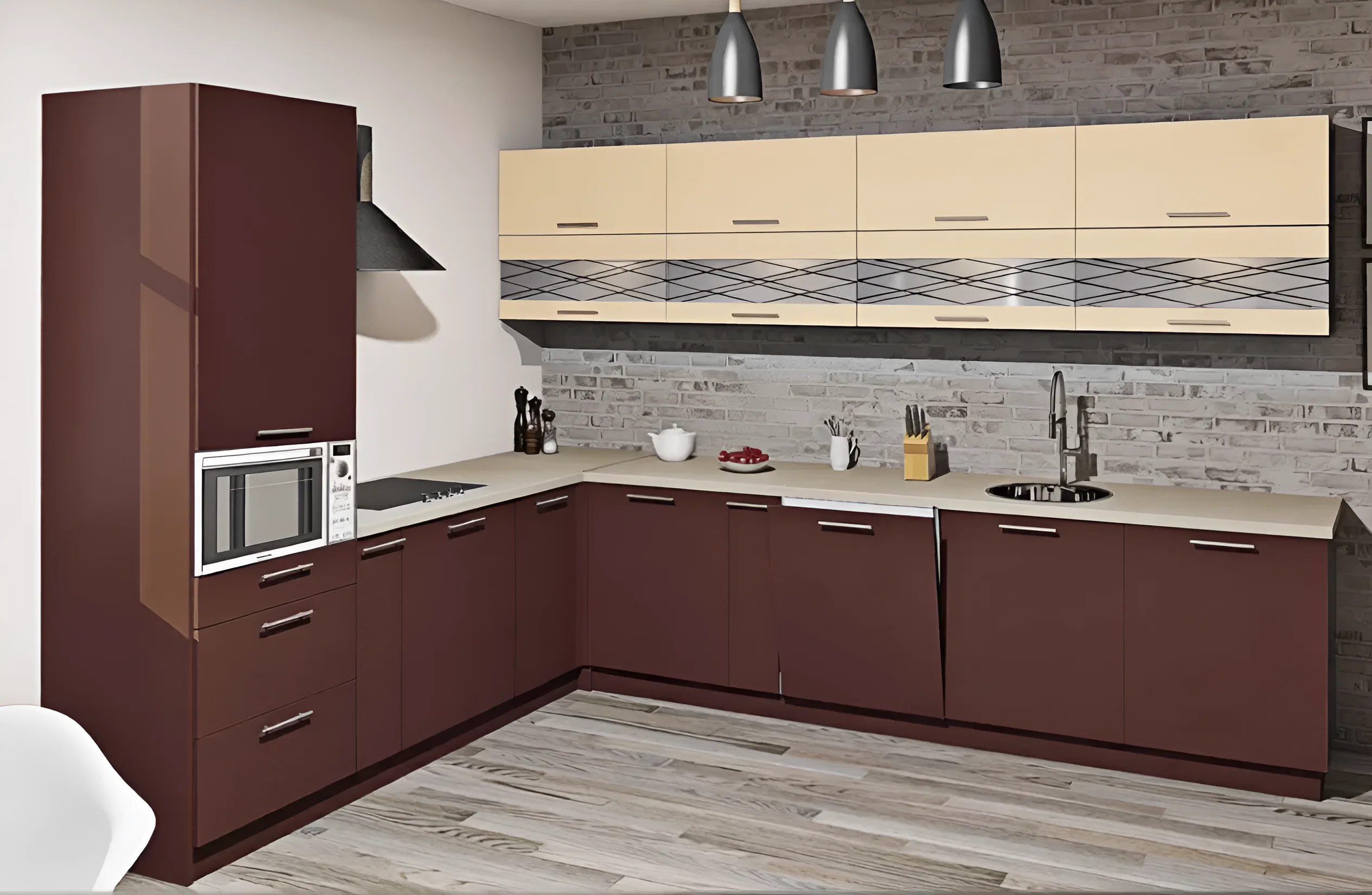 Угловая кухня "Эко" 3,2х2,4м в цветах Ваниль и Шоколад темный, современный дизайн, фото интерьера кухни, MebelTops.