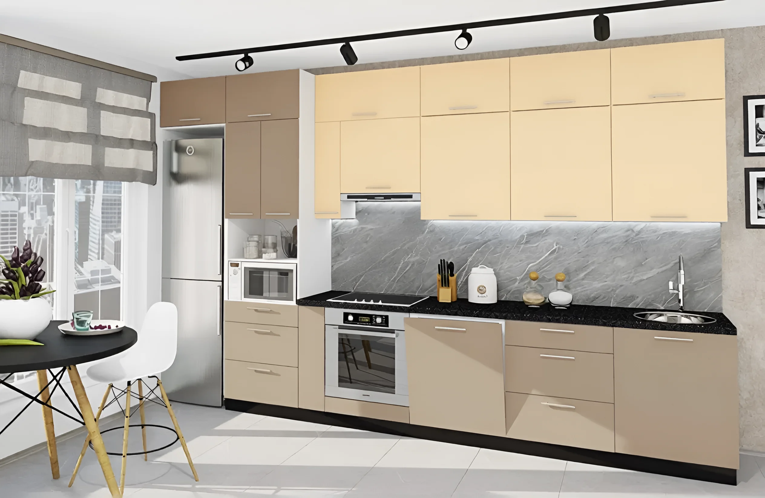 Угловая кухня "Эко" 3,2х2,4м в цветах Ваниль и Шоколад темный, современный дизайн, фото интерьера кухни, MebelTops.