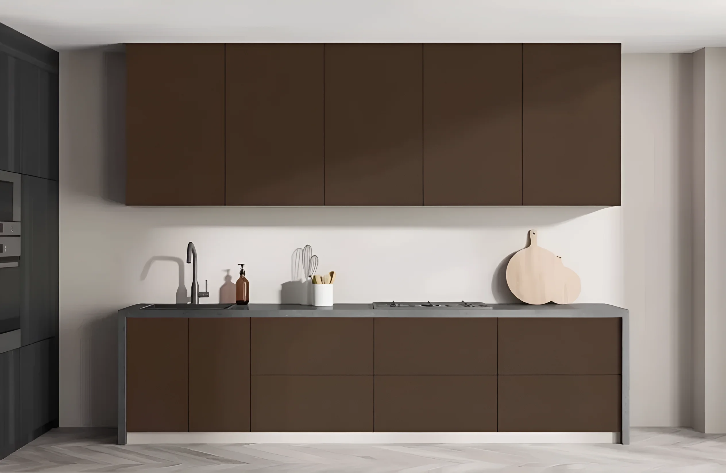 Угловая кухня "Эко" 3,2х2,4м в цветах Ваниль и Шоколад темный, современный дизайн, функциональная планировка, фото интерьера кухни.