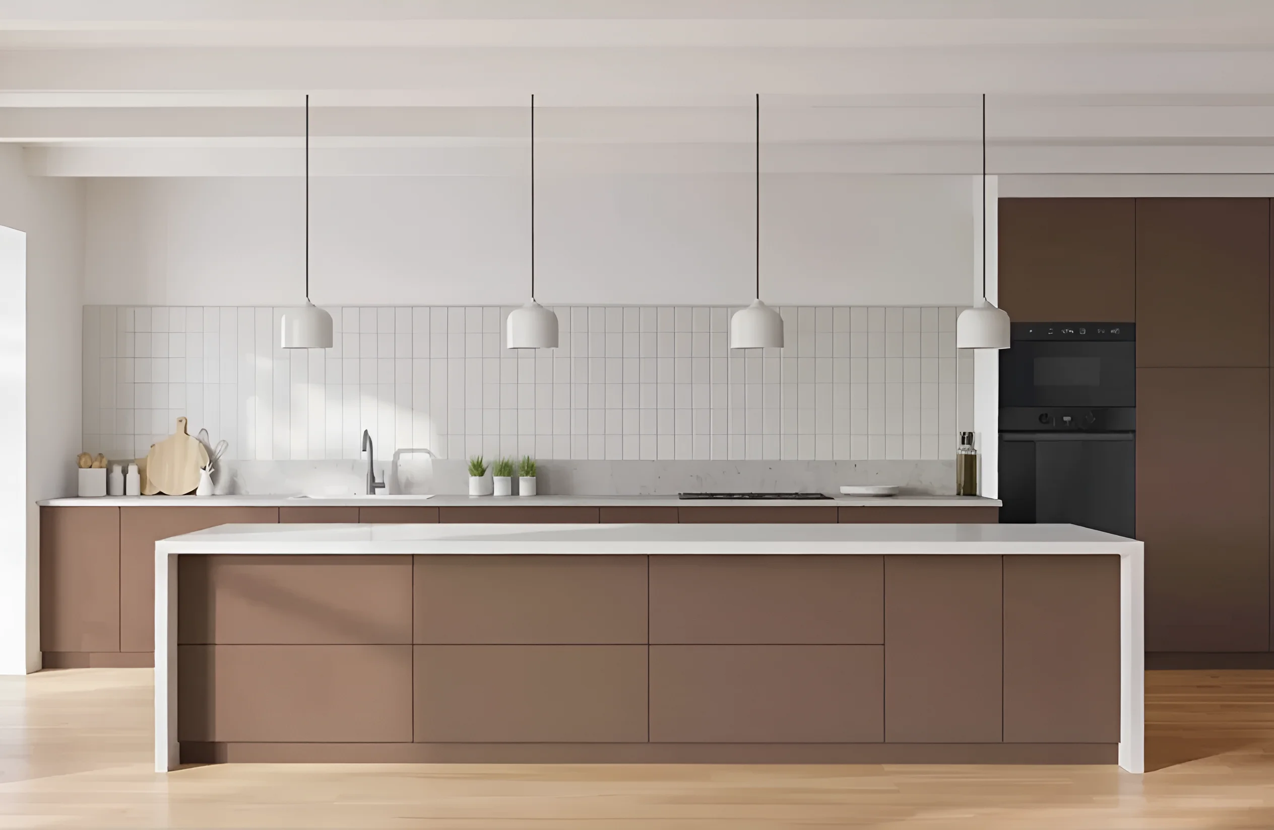 Угловая кухня "Эко" 3,2х2,4м в цветах Ваниль и Шоколад темный, современный дизайн, фото интерьера кухни, MebelTops.