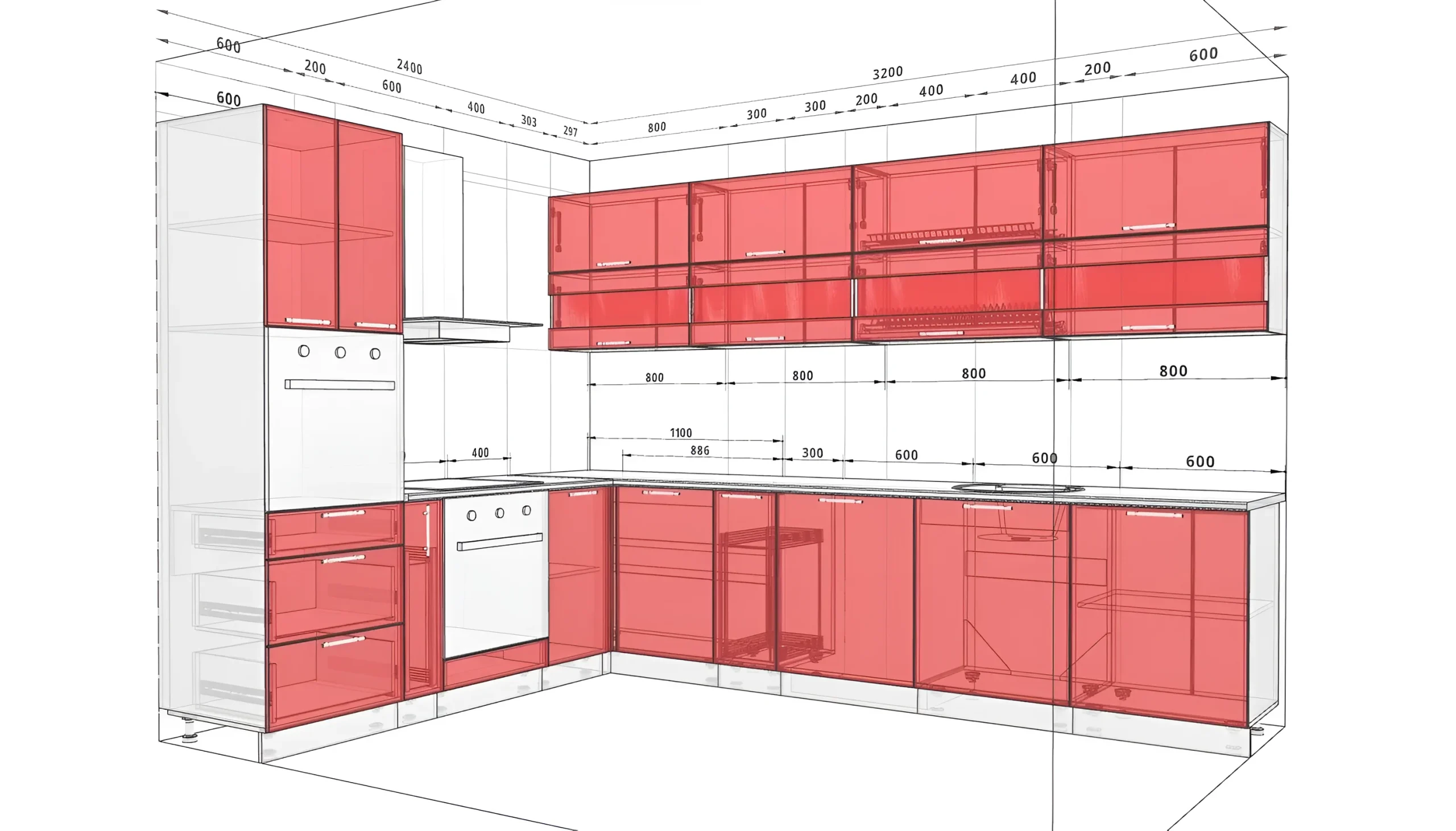 Угловая кухня "Эко" 3,2х2,4м в цвете Ваниль и Шоколад темный, современный дизайн, схема расположения модулей, MebelTops.