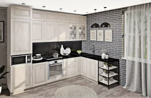 Угловая кухня "Французский Престиж" 3,1х1,8м в цвете дуб беленый, современный дизайн, черная столешница, стильный интерьер кухни.