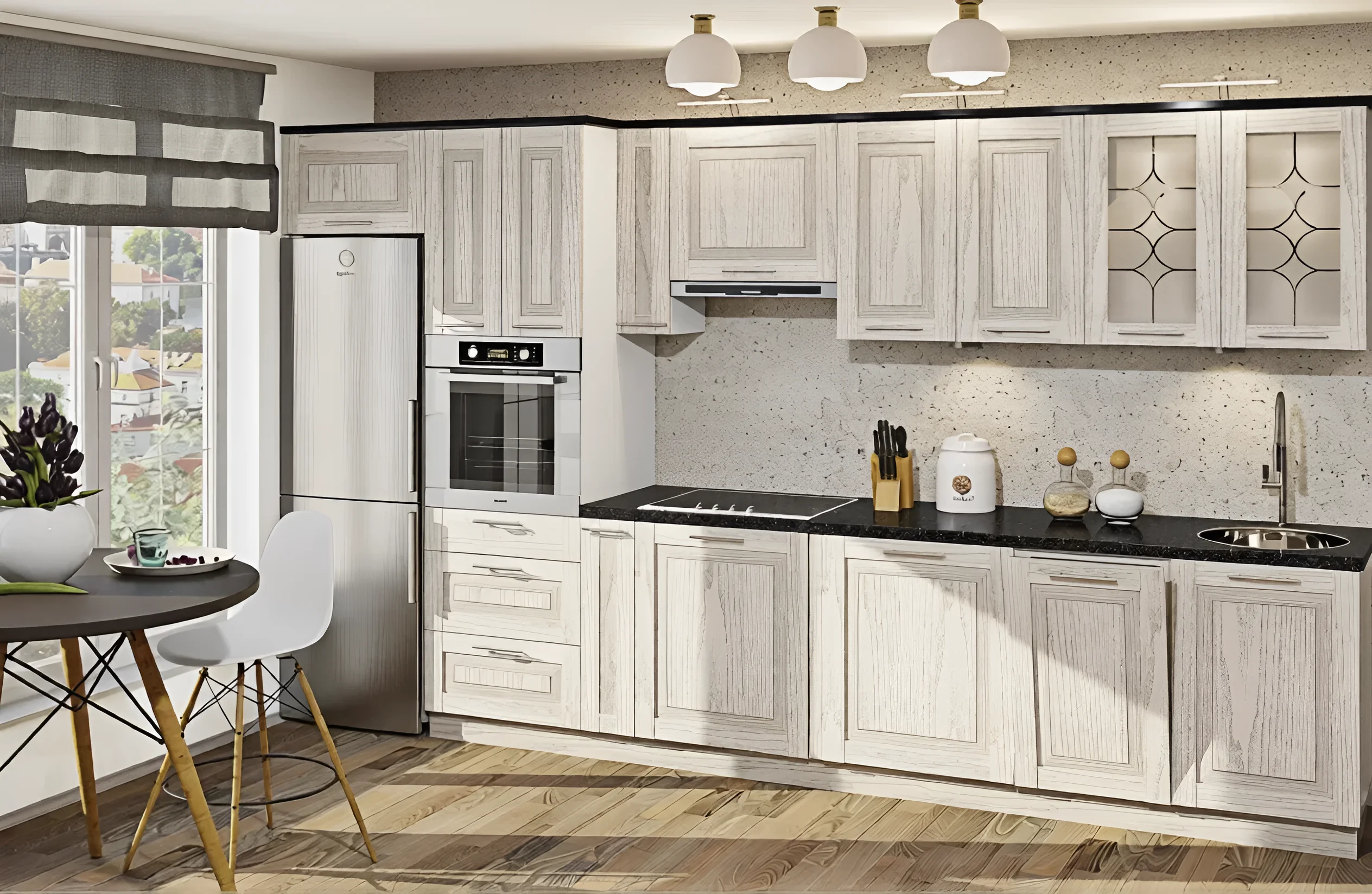 Угловая кухня "Французский Престиж" 3,1х1,8м из дуба беленого, современный дизайн, фото интерьера кухни в светлых тонах.