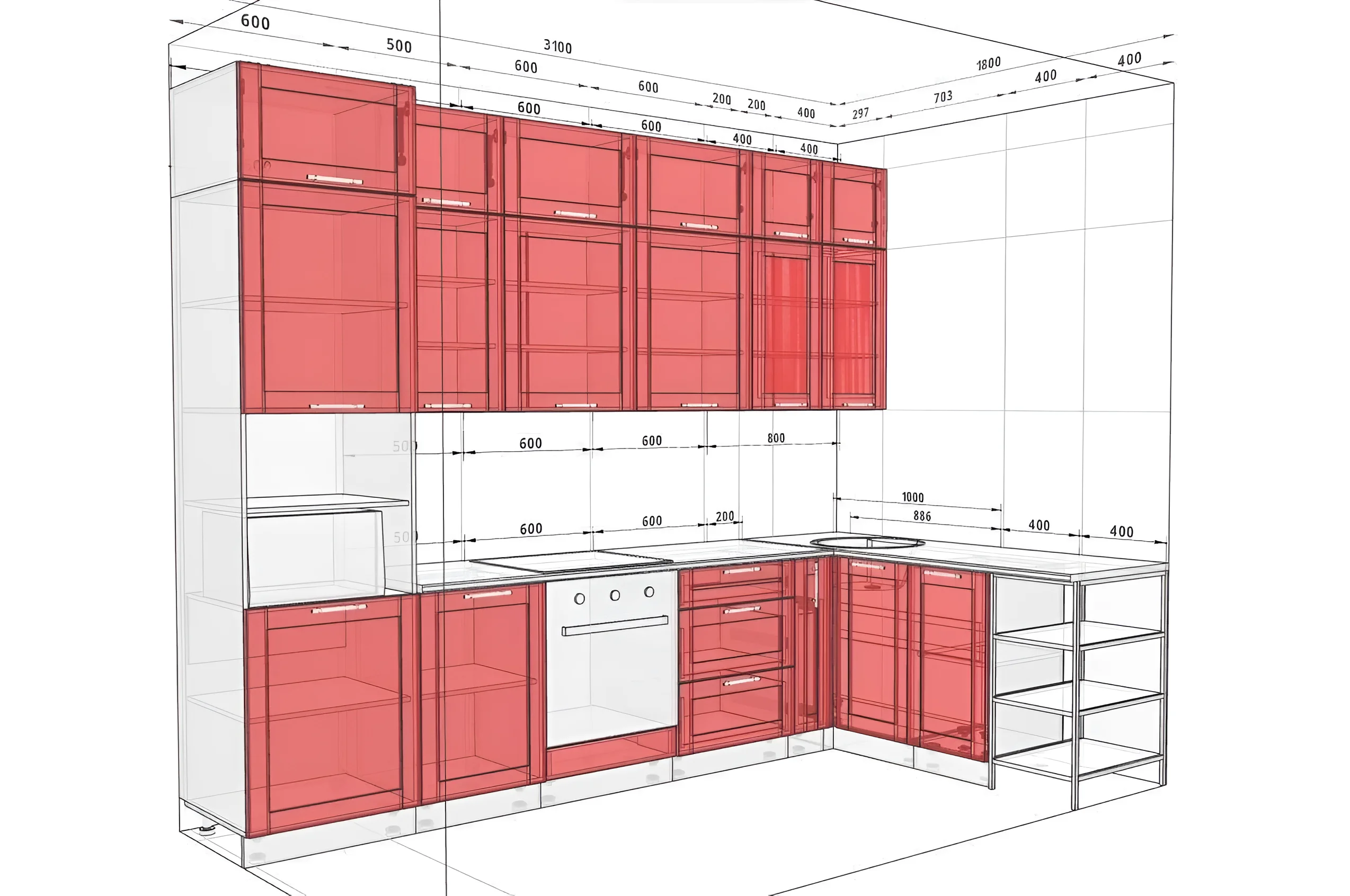 Угловая кухня "Французский Престиж" 3,1х1,8м, цвет дуб беленый, современный дизайн, схема расположения модулей, качественная мебель для кухни.