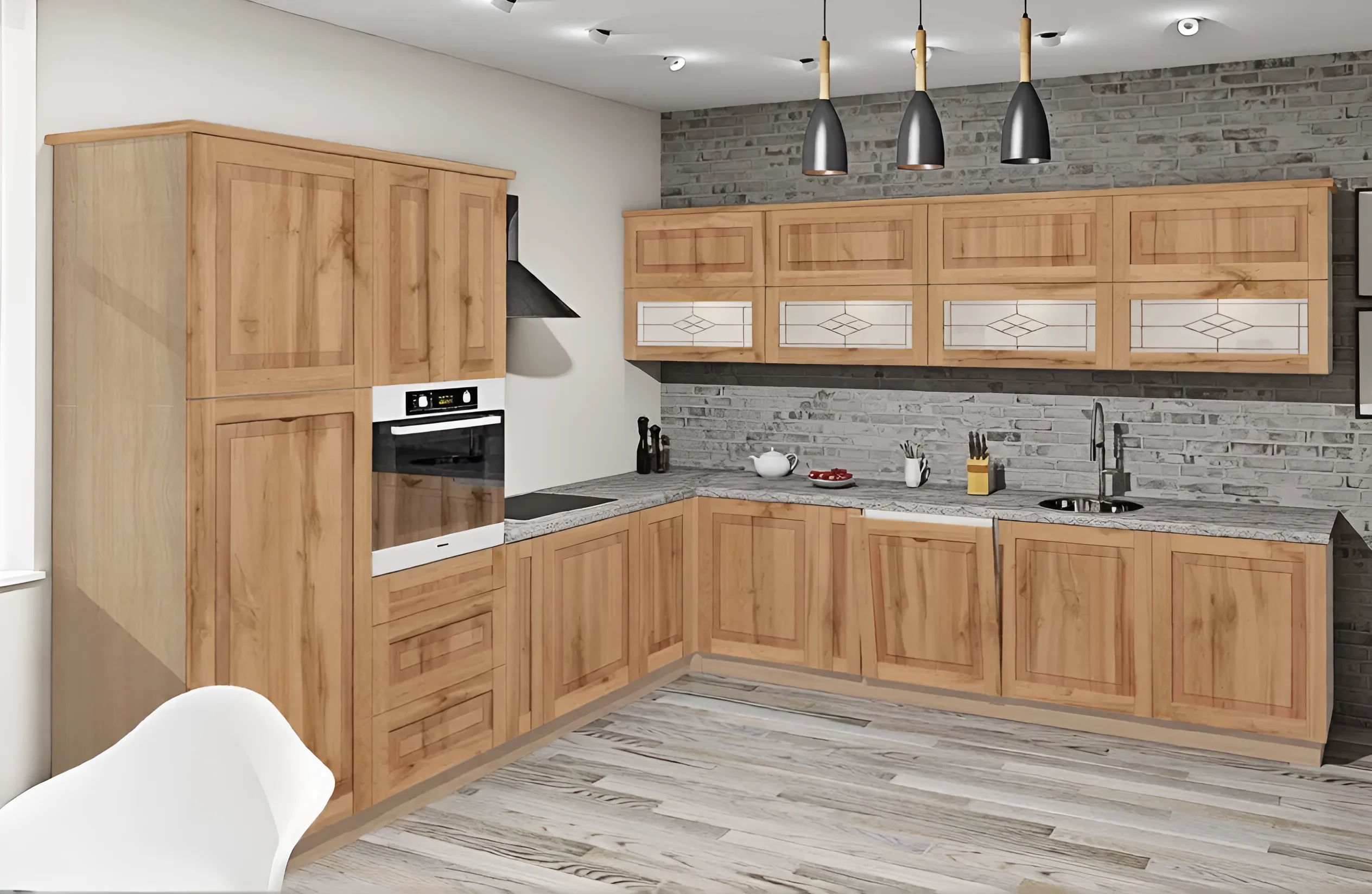 Угловая кухня "Французский Престиж" 3,2 х 3м из дуба золотого цвета, современный дизайн, фото интерьера кухни.