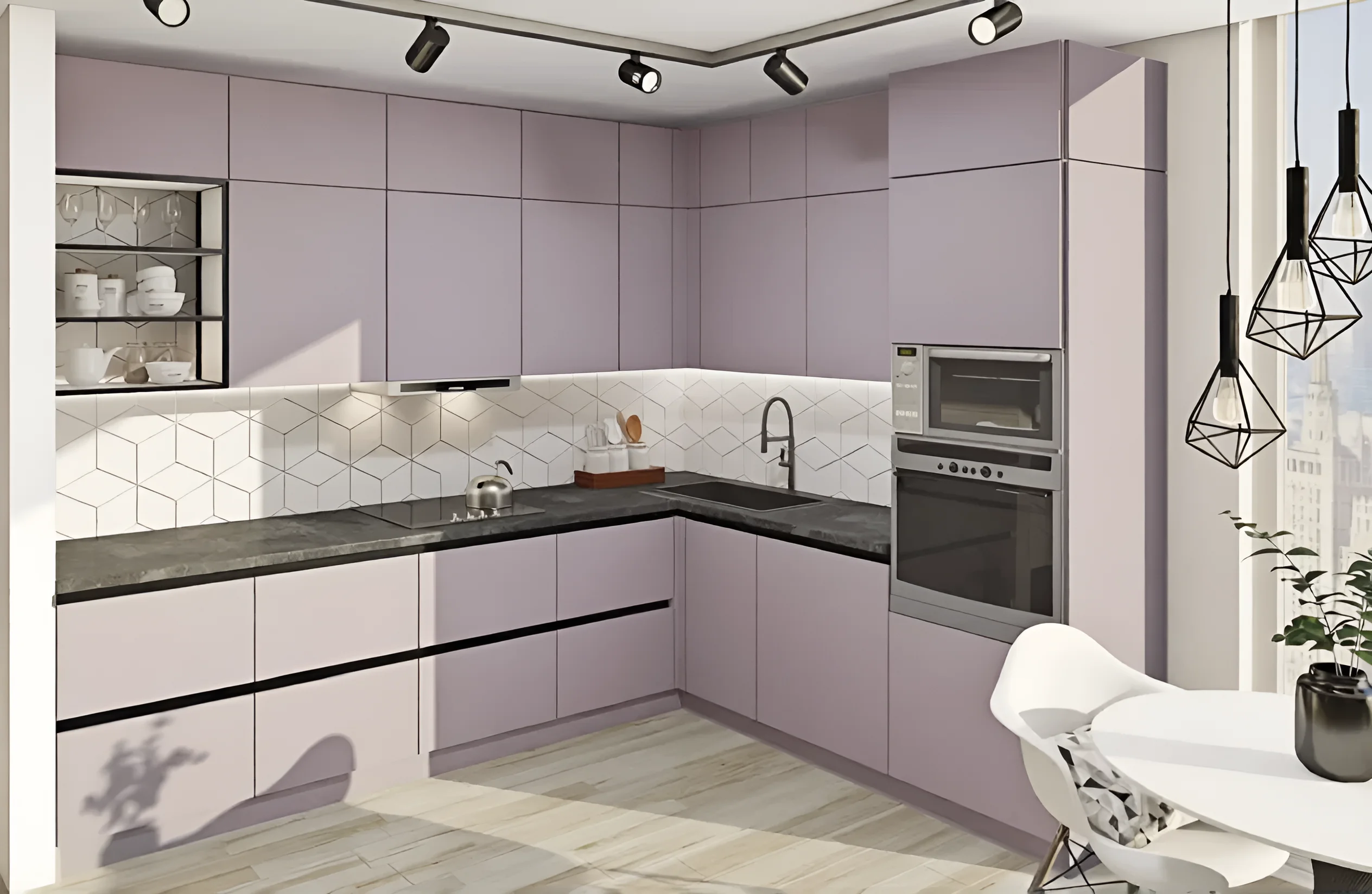 Кухня "Gola ручка" 3.4 х 1.8м с фасадами "Эко" Кашемир: современный дизайн, лаконичные формы, стильное решение для интерьера кухни.