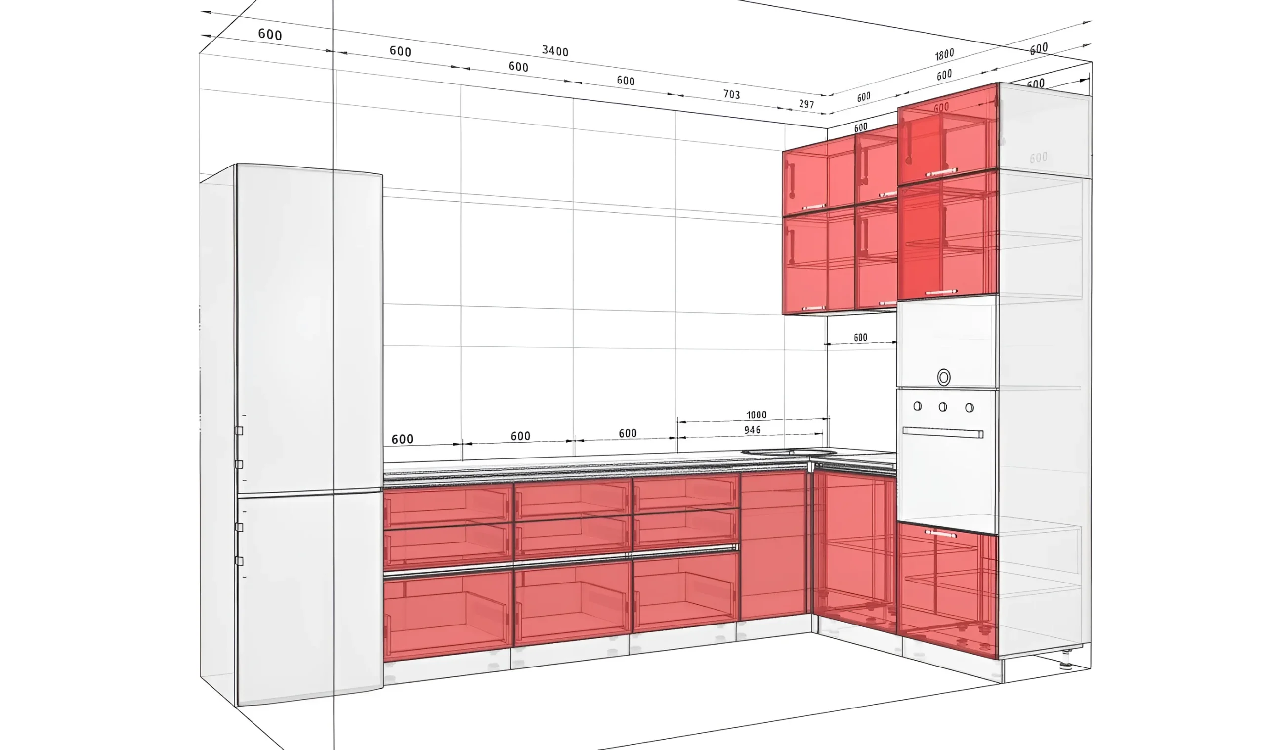 Кухня Gola ручка 3.4х1.8м с фасадами Эко Кашемир: современный дизайн, угловая планировка, красные и серые элементы, визуализация интерьера.