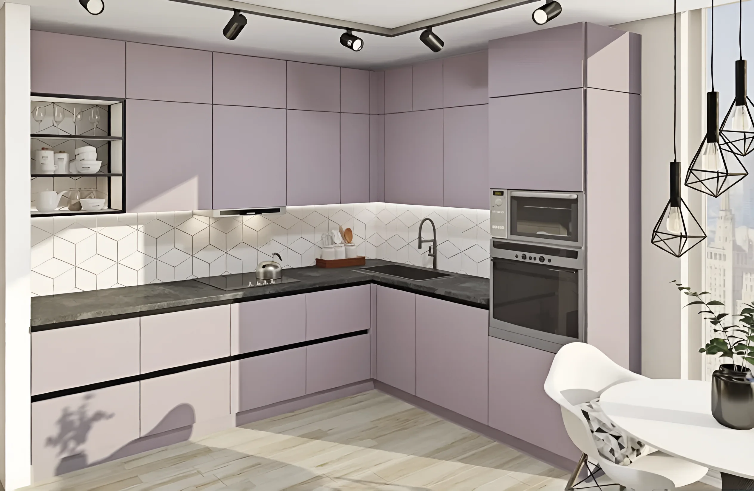 Угловая кухня "Gola ручка" 2,6х2м с фасадами "Эко" Кашемир: современный дизайн, практичное решение для интерьера кухни в светлых тонах.