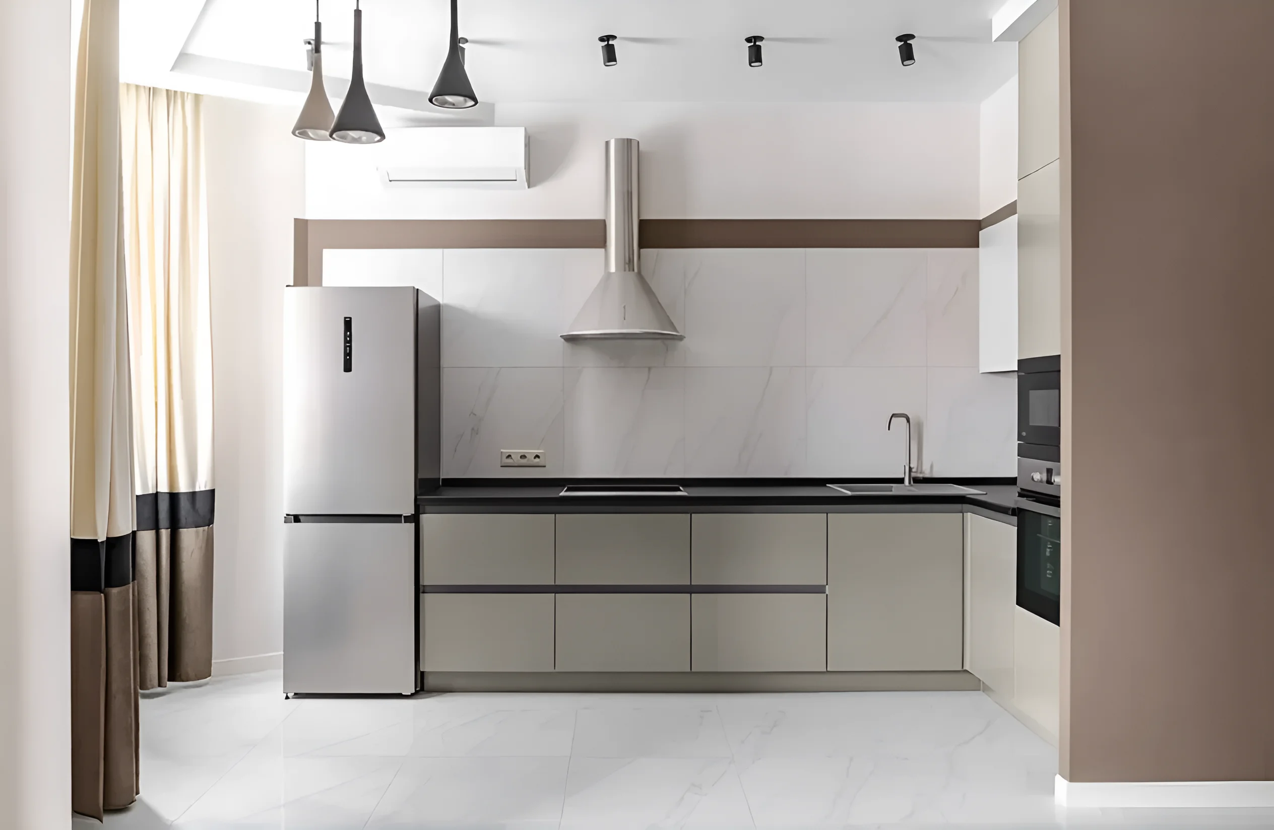 Угловая кухня Gola ручка 2,6х2м с фасадами Эко Кашемир в современном интерьере, фото высокого качества.