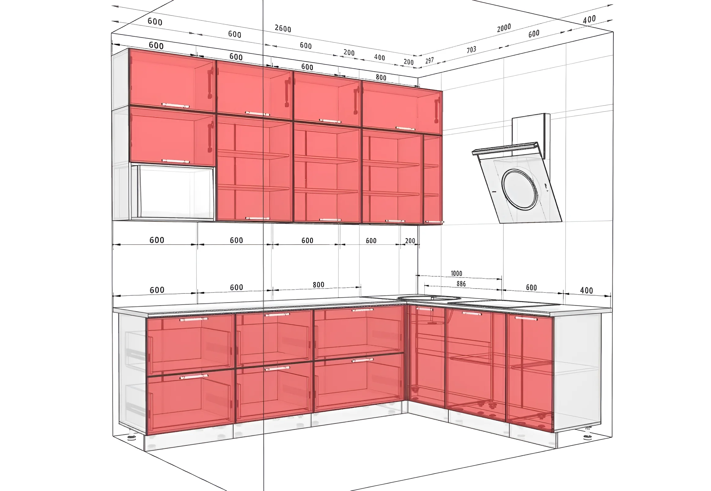 Угловая кухня Gola ручка 2,6х2м с фасадами Еко, красного цвета, современный дизайн, чертеж с размерами, MebelTops.
