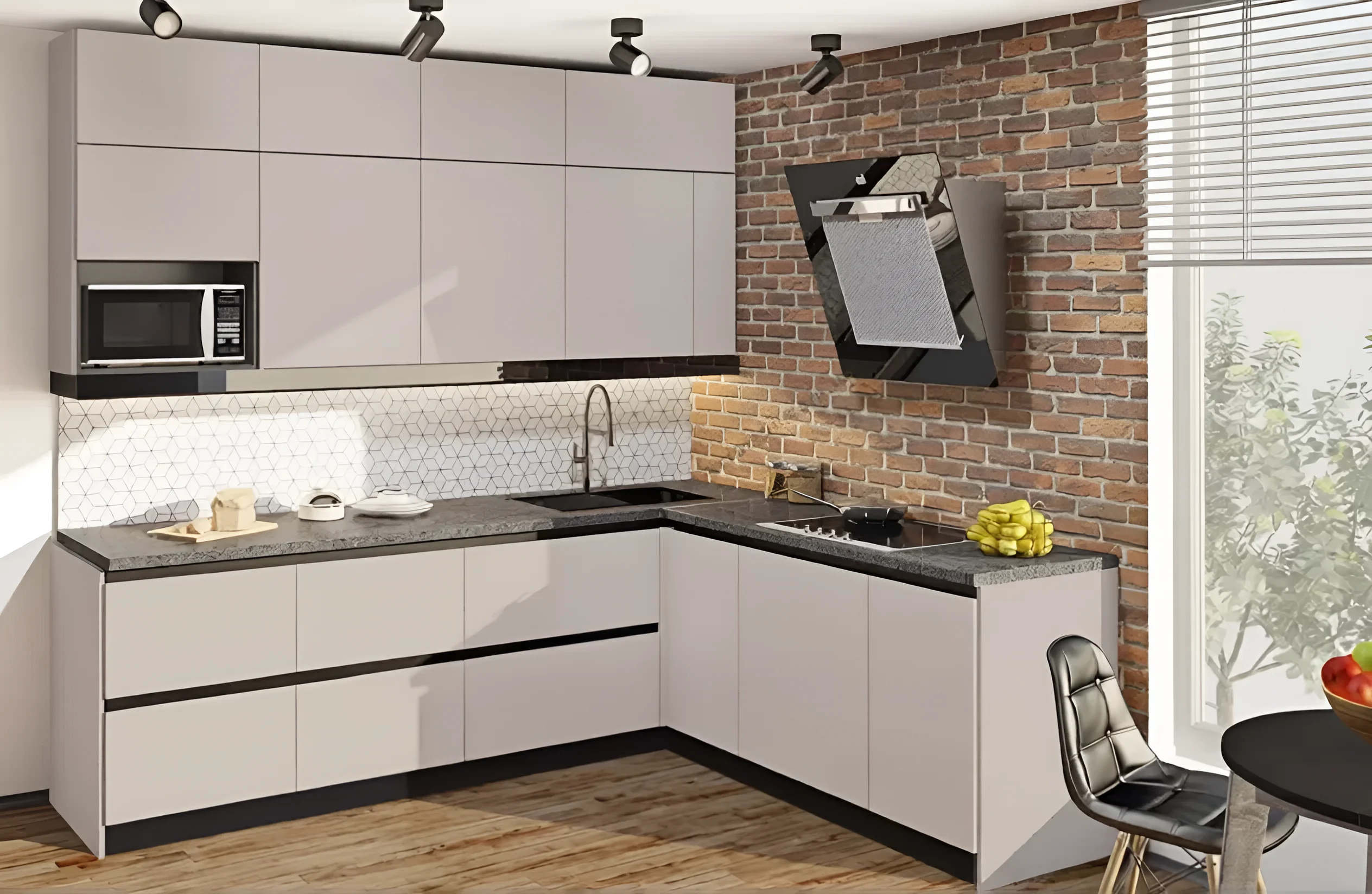 Кухня угловая "Gola ручка" 3х2.2м с фасадами "Хай-тек" в цвете Капучино и Крем, современный дизайн, стильный интерьер кухни.