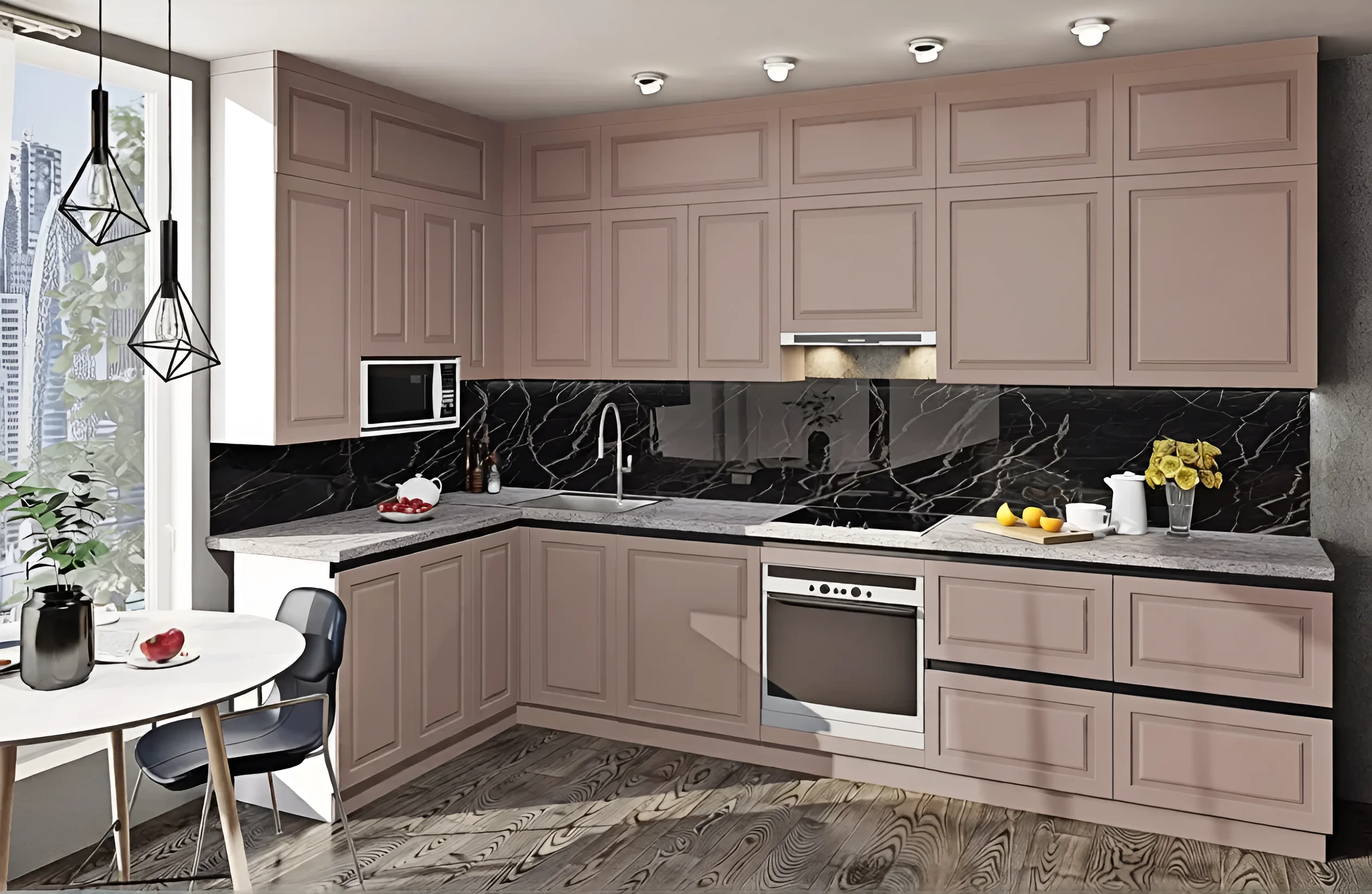 Кухня "Gola ручка" 3х2.2м с фасадами "Хай-тек" в цвете Капучино и Крем: современный дизайн, угловая планировка, стильный интерьер кухни.