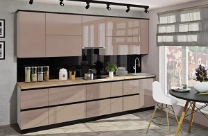Кухня "Gola ручка" 3х2.2м с фасадами "Хай-тек" в цветах Капучино и Крем, современный дизайн, угловой гарнитур для кухни, MebelTops.