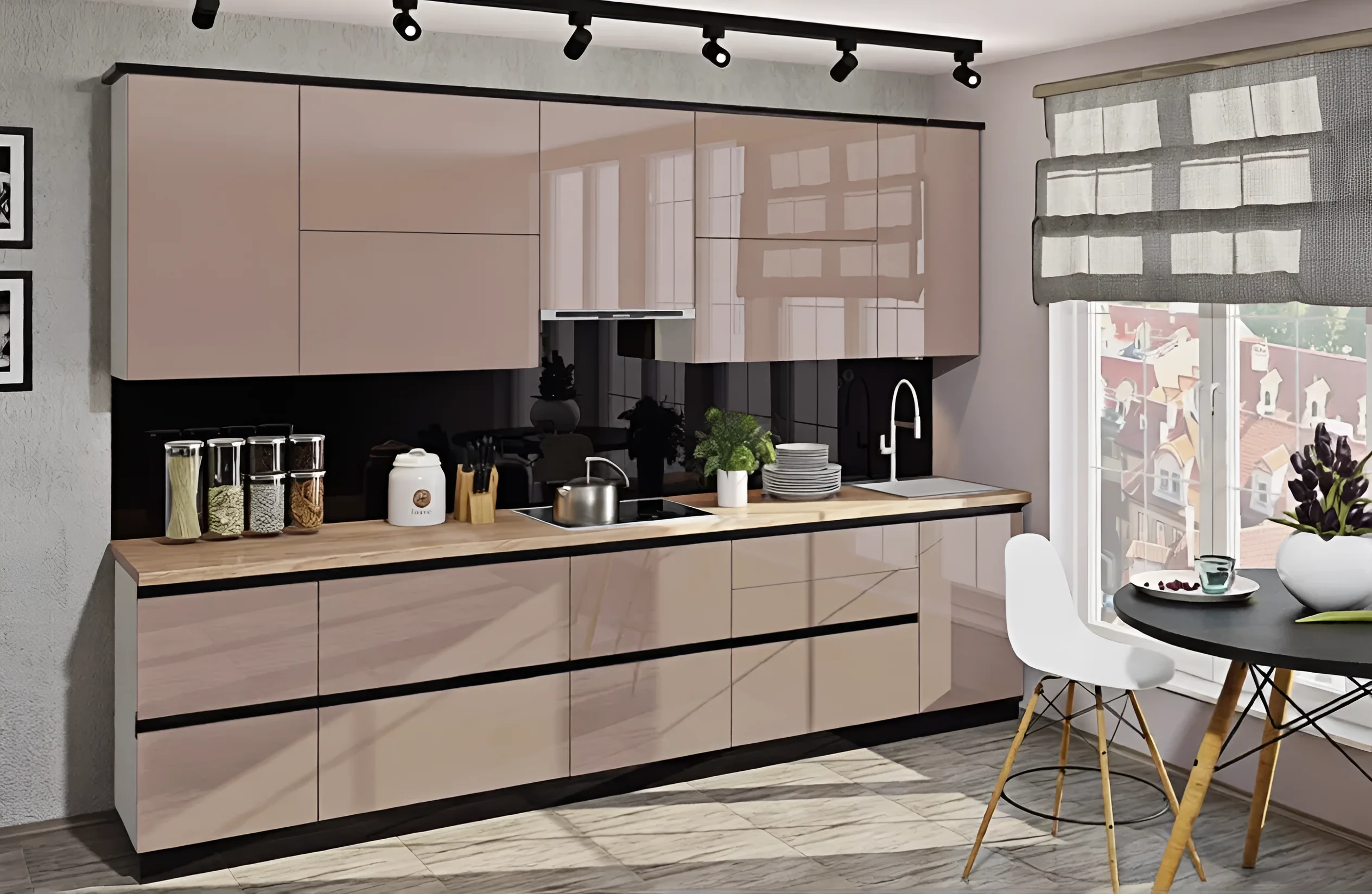 Кухня "Gola ручка" 3х2.2м с фасадами "Хай-тек" в цветах Капучино и Крем, современный дизайн, угловой гарнитур для кухни, MebelTops.