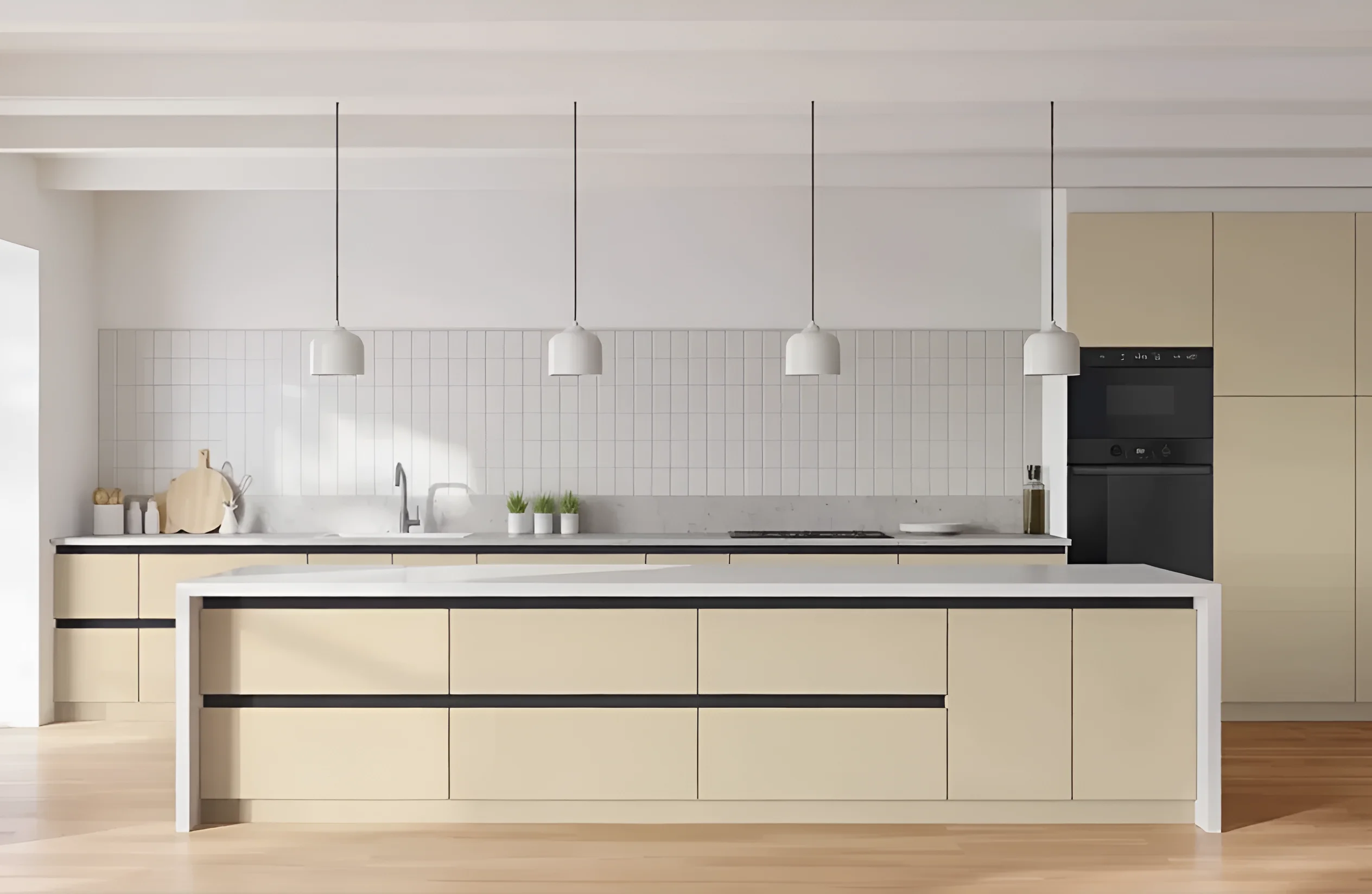 Современная кухня "Gola ручка" 3х2.2м с фасадами "Хай-тек" в цветах Капучино и Крем, стильный дизайн интерьера кухни.