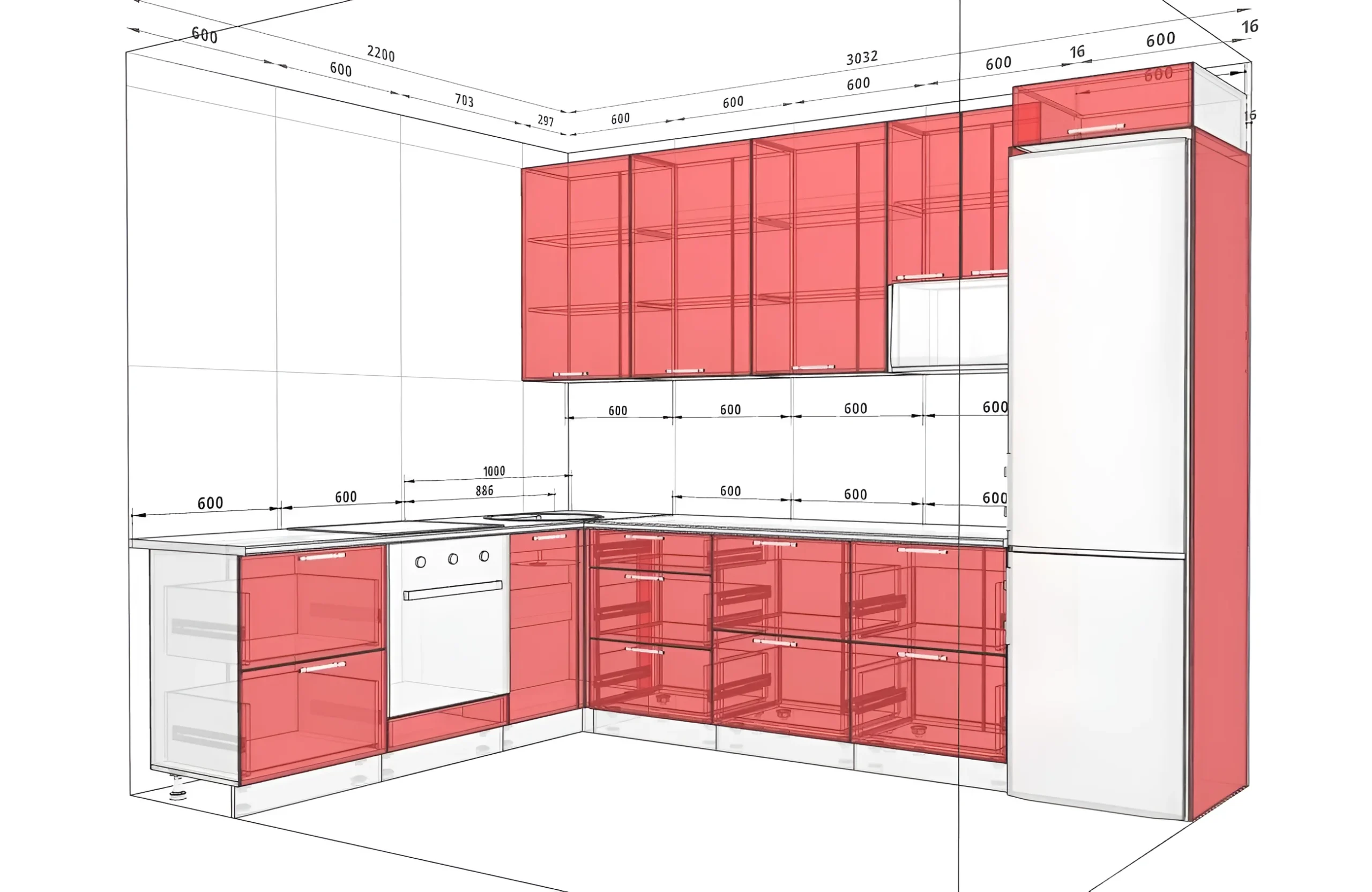 Кухня угловая 3х2.2м с фасадами "Хай-тек" в цвете капучино и крем, ручки Gola, современный дизайн, чертеж с размерами.