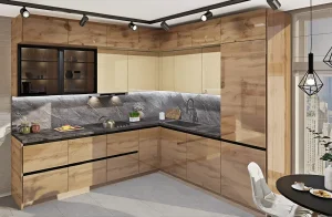 Кухня угловая "Gola ручка" 3,6х2,6м с фасадами "Престиж" Дуб золотой: современный дизайн, функциональность и элегантность для вашего дома.