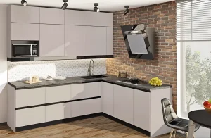 Угловая кухня 3х2,2м "Gola ручка" с фасадами "Лофт" в бежевом бархате, современный дизайн, стильный интерьер кухни.