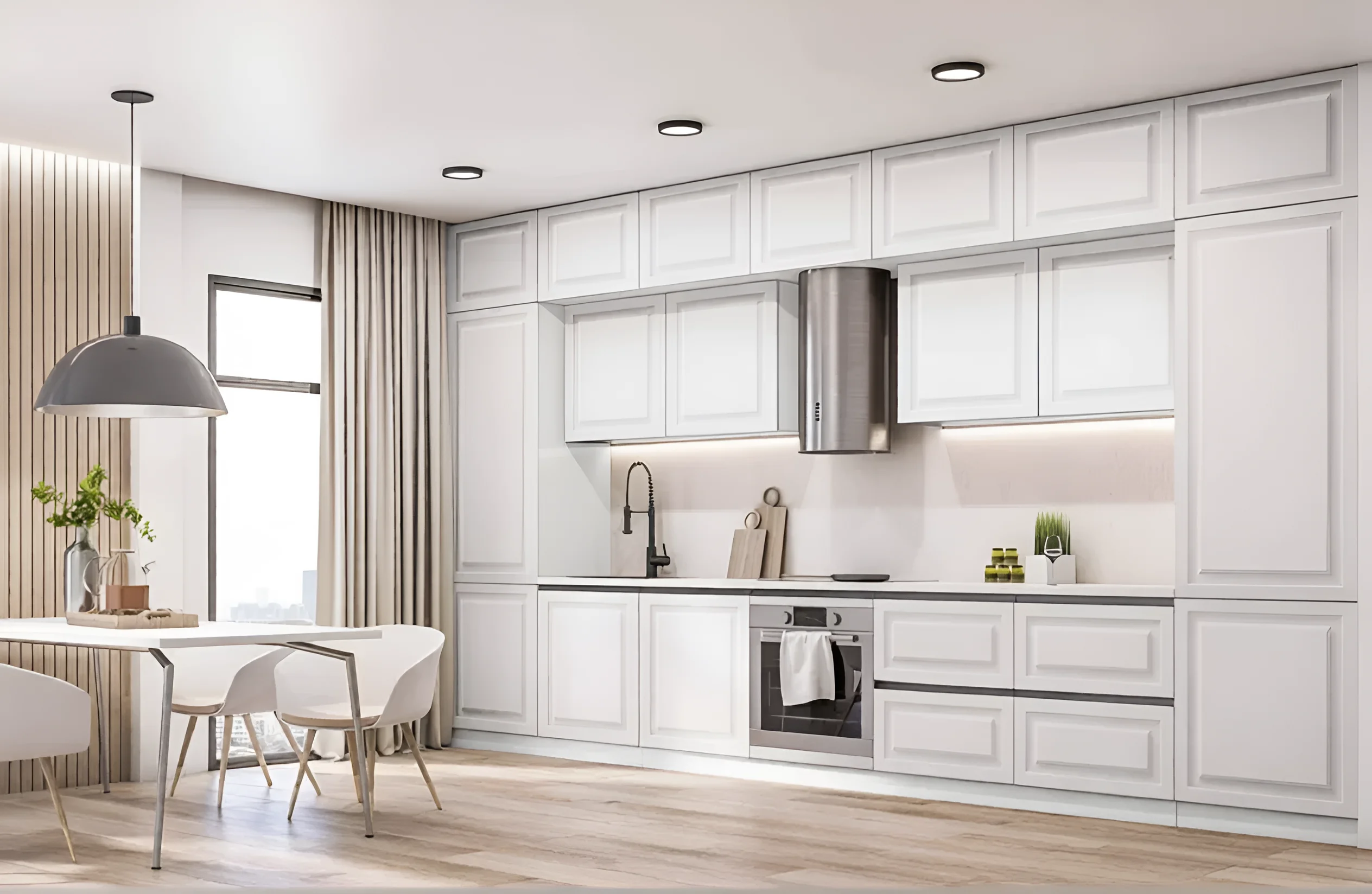 Белая кухня "Gola ручка" 4.2м с фасадами "Атланта" в современном интерьере, фото высокого качества для выбора кухни.