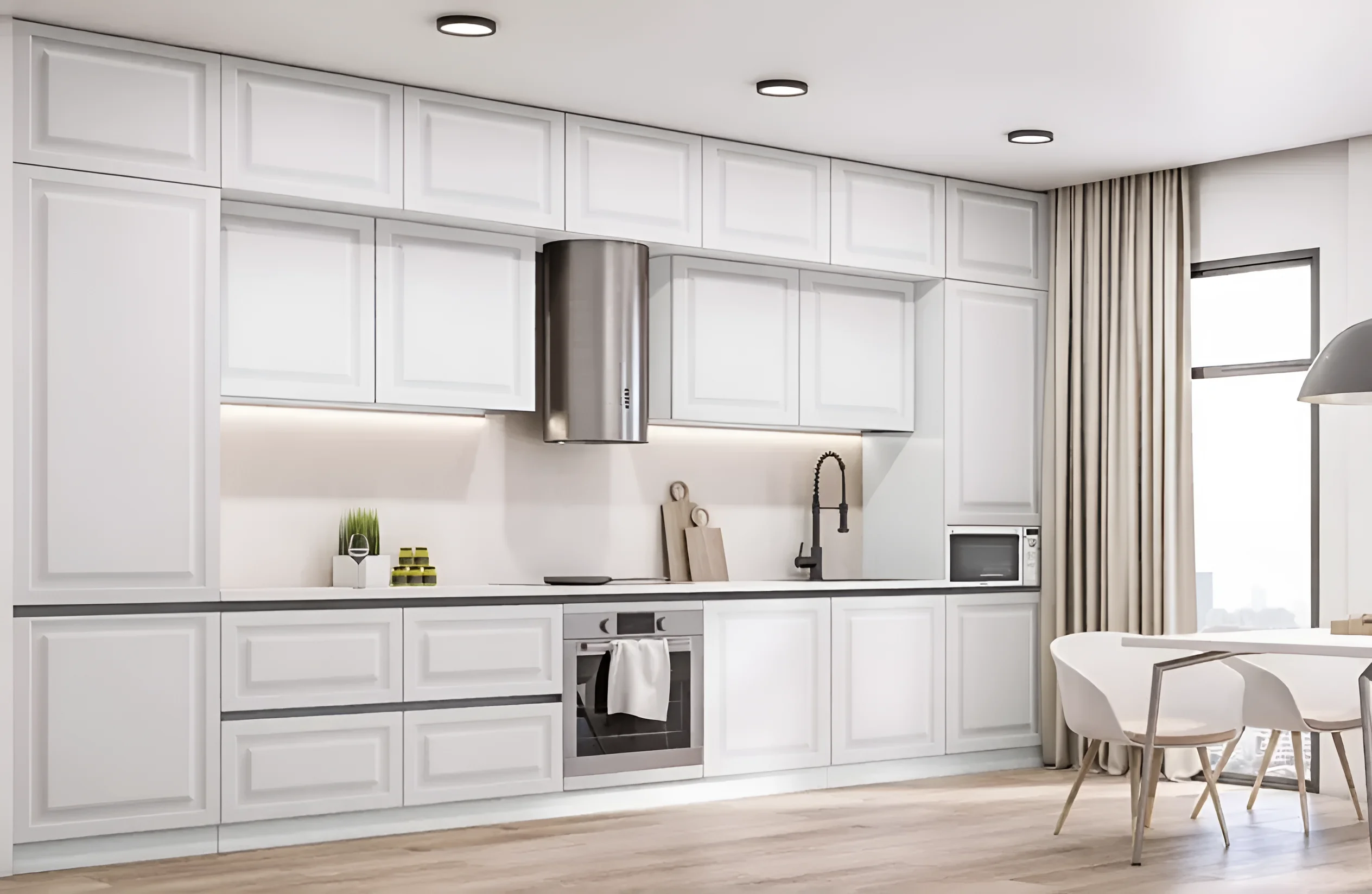 Белая кухня "Gola ручка" 4.2м с фасадами "Атланта" в современном интерьере, фото высокого качества для выбора кухни.