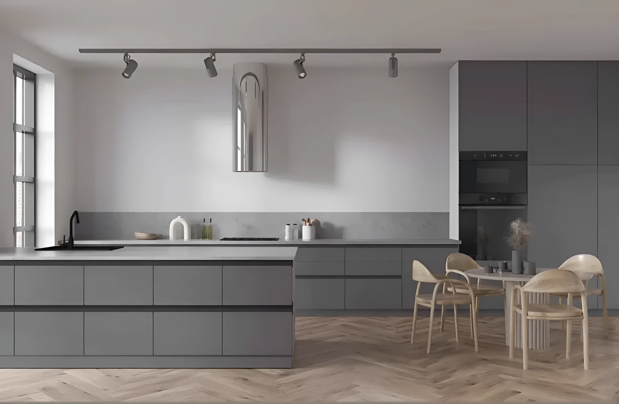 Современная кухня "Gola ручка" 3.2м с фасадами "Эко" в белом и графитовом цвете, стильный дизайн интерьера кухни.