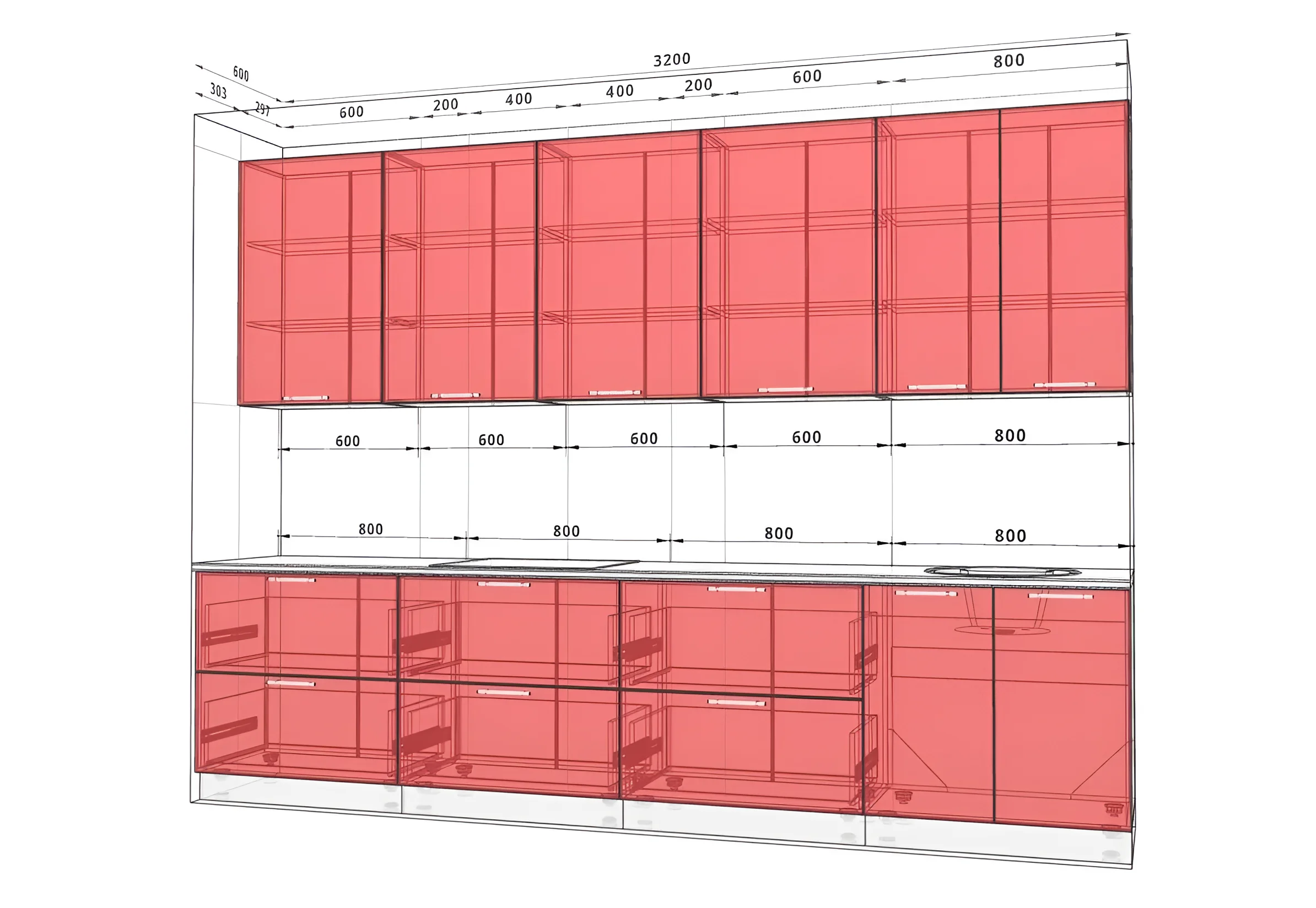 Кухня Gola ручка 3.2м с фасадами Эко: белый и графит, современный дизайн, модульная конструкция, визуализация интерьера кухни.