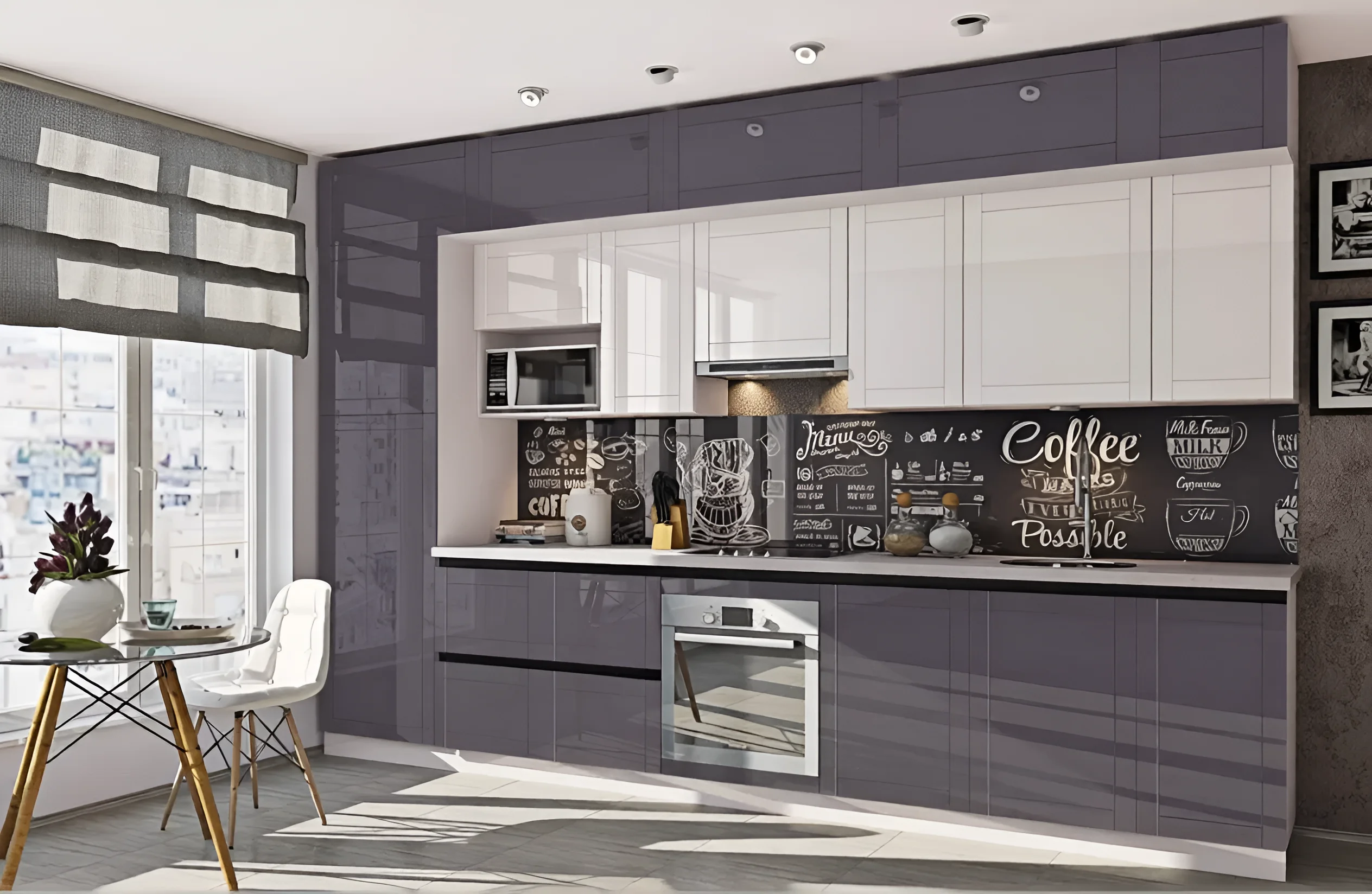 Современная кухня "Gola ручка" 5.3м с фасадами "Эко" в цвете графит темный, стильный дизайн, фото интерьера кухни.