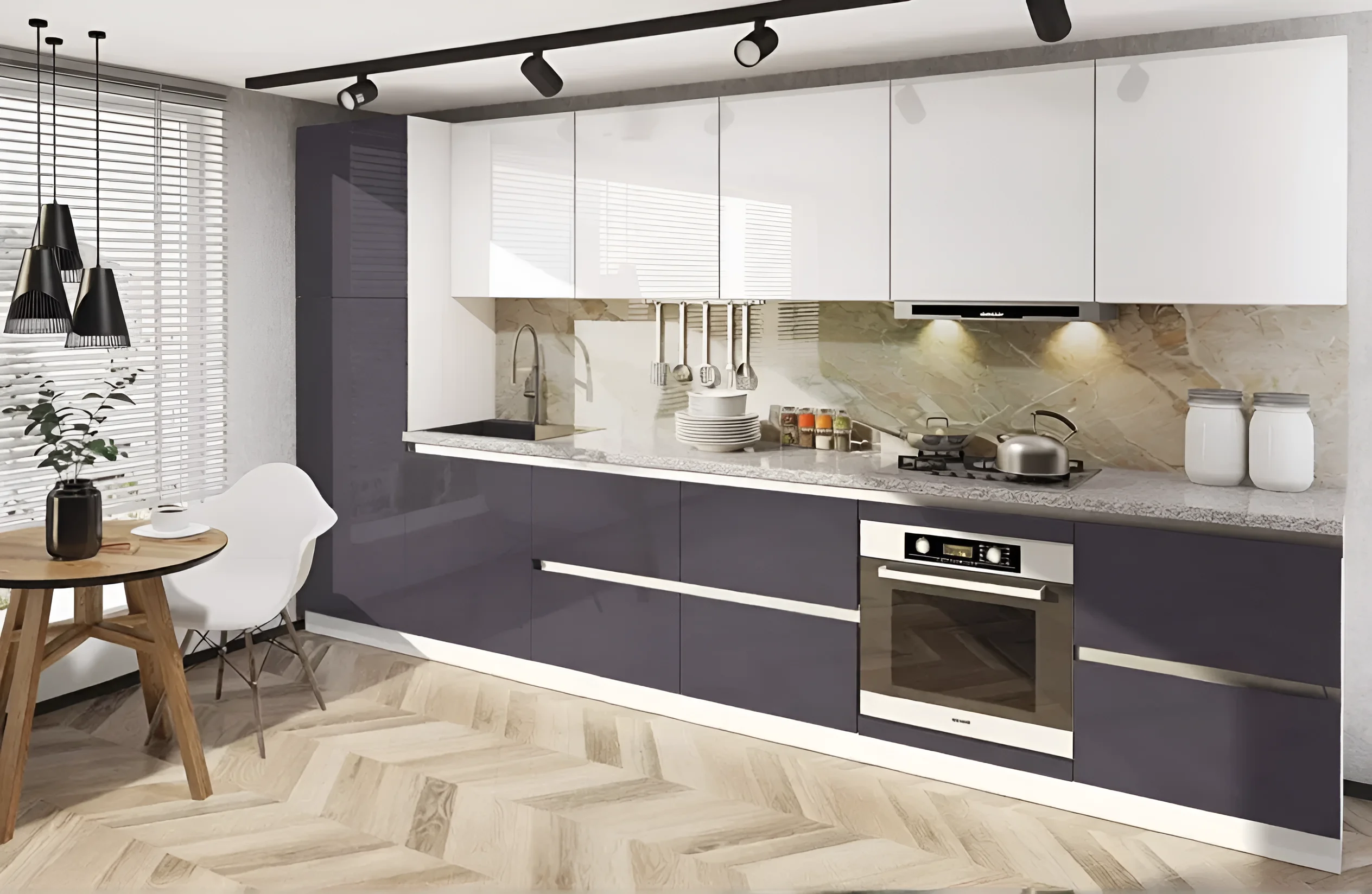 Современная угловая кухня "Gola ручка" 5.3м с фасадами "Эко" в цвете графит темный, стильный дизайн интерьера кухни.