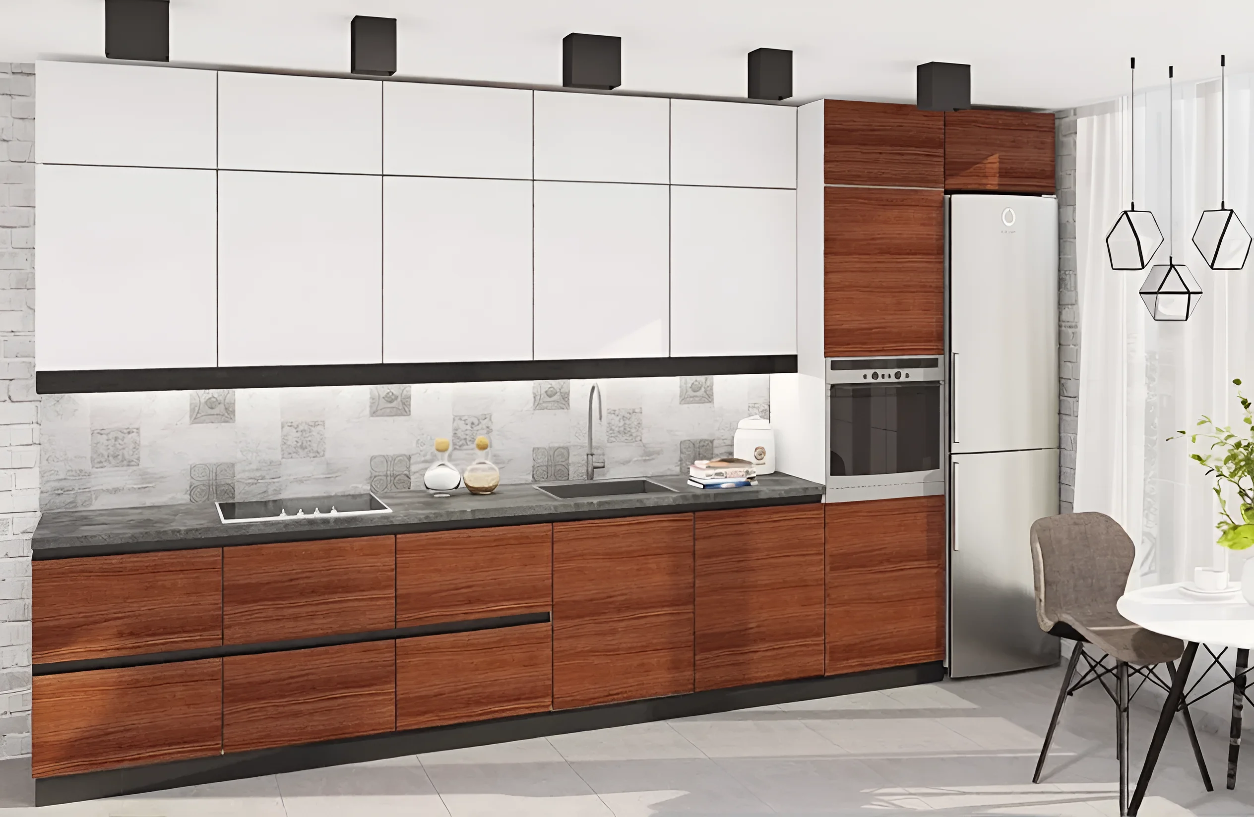 Современная белая и коричневая кухня "Gola ручка" 4,2 метра с фасадами "Хай-тек" из МДФ, стильный дизайн интерьера.