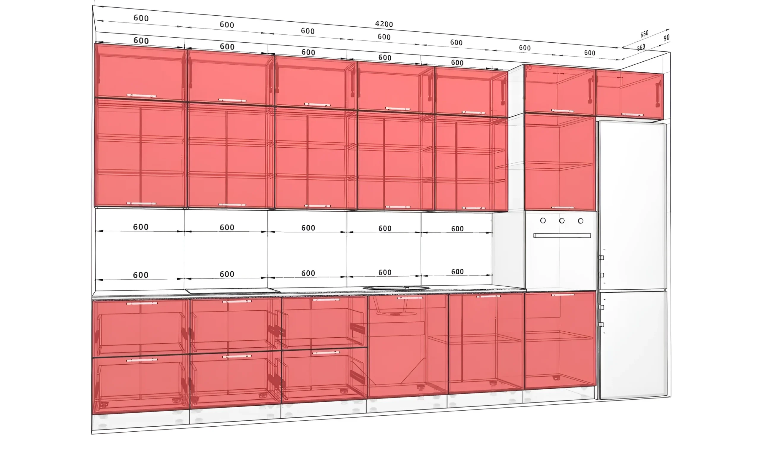 Кухня Gola ручка 4,2 метра с фасадами Хай-тек в белом и дубе альпийском, современный дизайн, визуализация интерьера кухни.