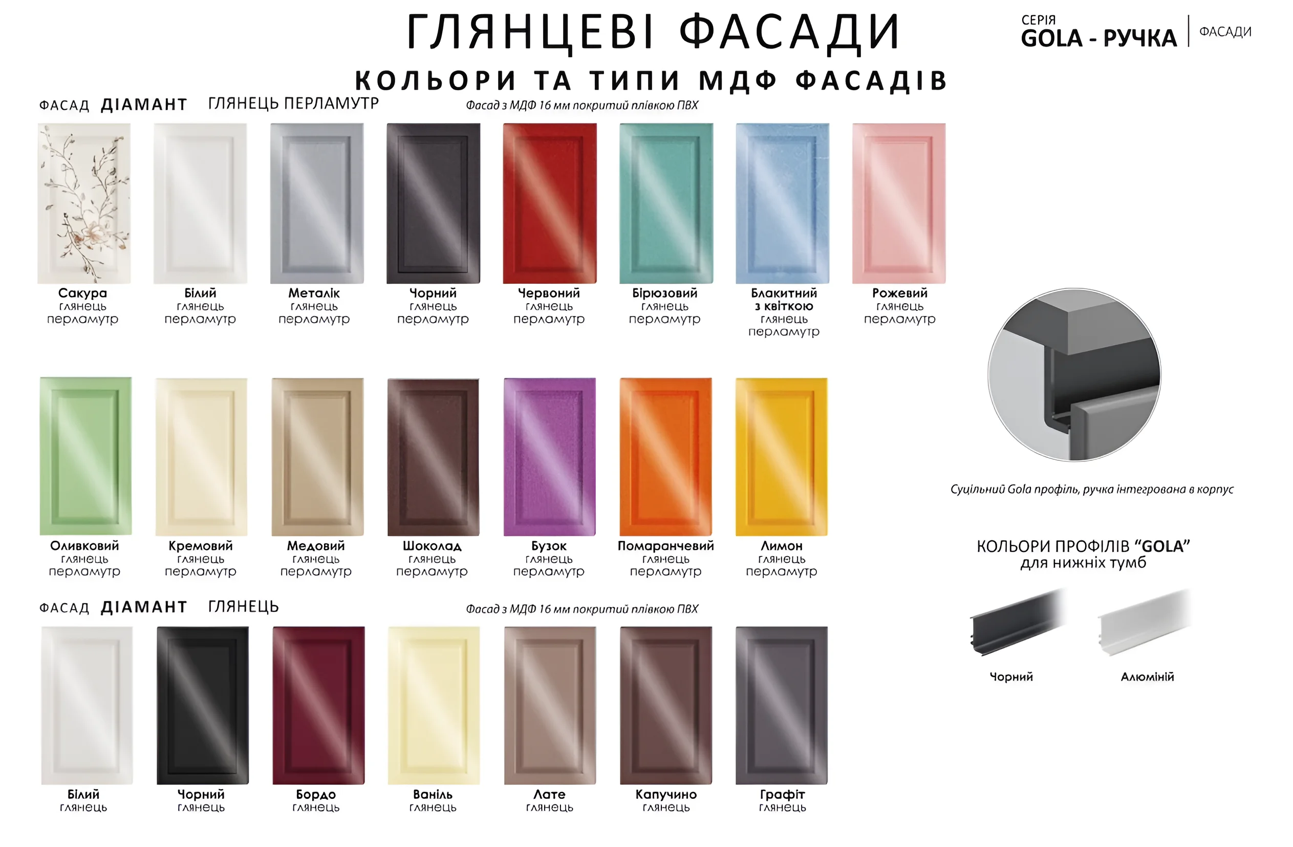 Кухня Gola ручка 4,2м с фасадами Хай-тек: белый и дуб альпийский, палитра цветов и материалов для современной кухни MebelTops.