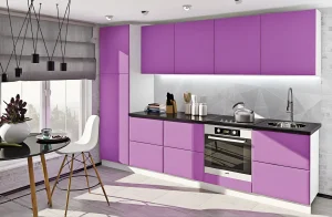 Современная кухонная мебель "Хай-тек" 360 см в сиреневом цвете с черной столешницей, стильный дизайн для современной кухни.