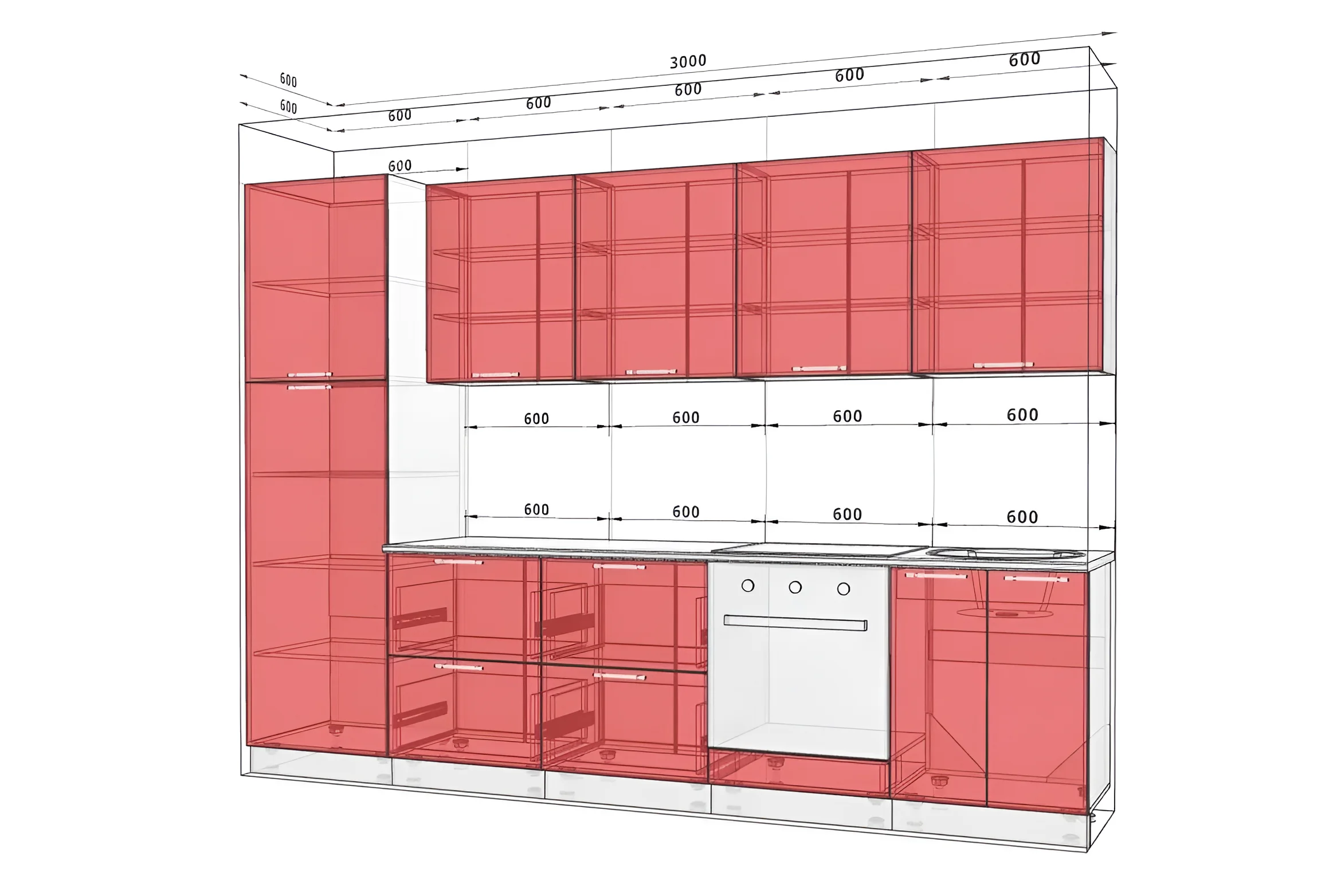 Кухня "Хай-тек" 360 см в цвете Сирень: современный дизайн, чертеж с размерами, модульная конструкция для оптимального использования пространства.