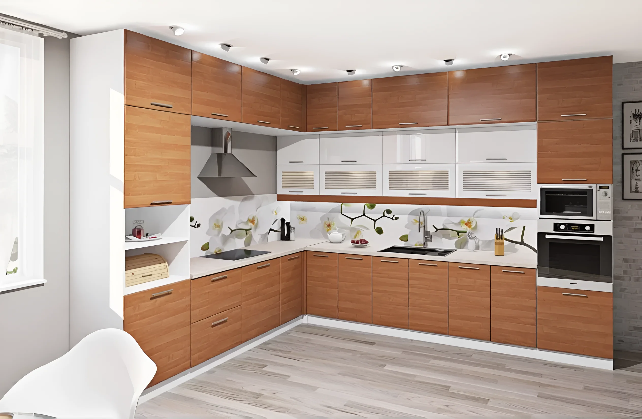 Угловая кухня "Хай-тек" 3.6 x 2.8 м белого и ольхового цвета в современном интерьере, фото с высоким разрешением.