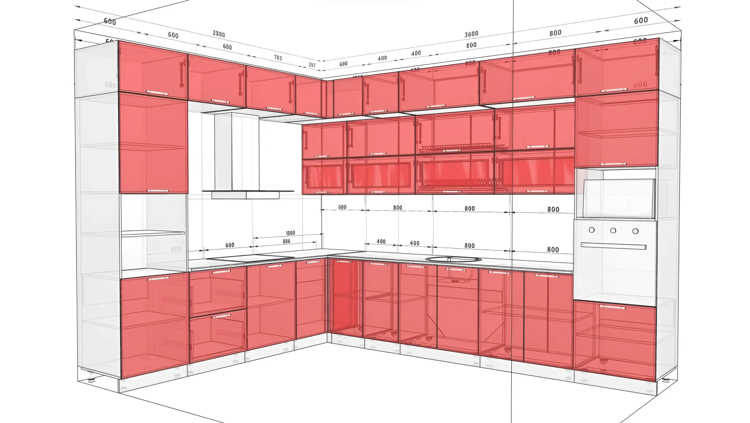 Угловая кухня "Хай-тек" белого цвета с фасадами из ольхи, размеры 3.6 x 2.8 м, современный дизайн, чертеж с размерами.
