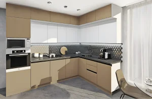 Угловая кухня "Хай-тек" 3х1.9м в белом и капучино цвете, современный дизайн, встроенная техника, стильный интерьер кухни.