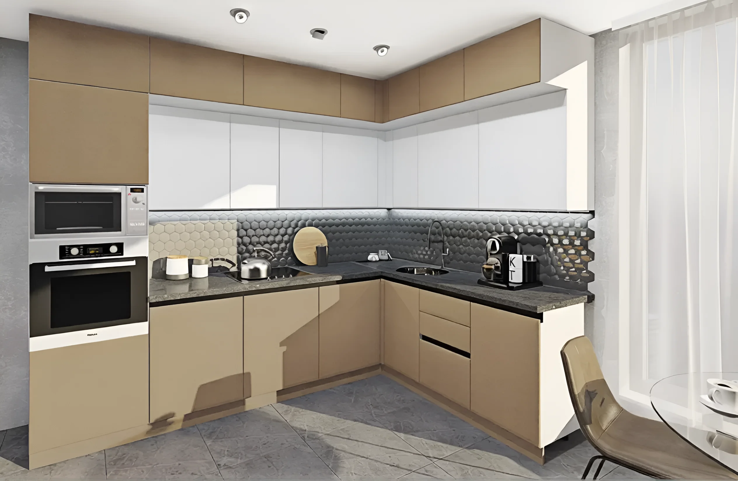 Угловая кухня "Хай-тек" 3х1.9м в белом и капучино цвете, современный дизайн, встроенная техника, стильный интерьер кухни.